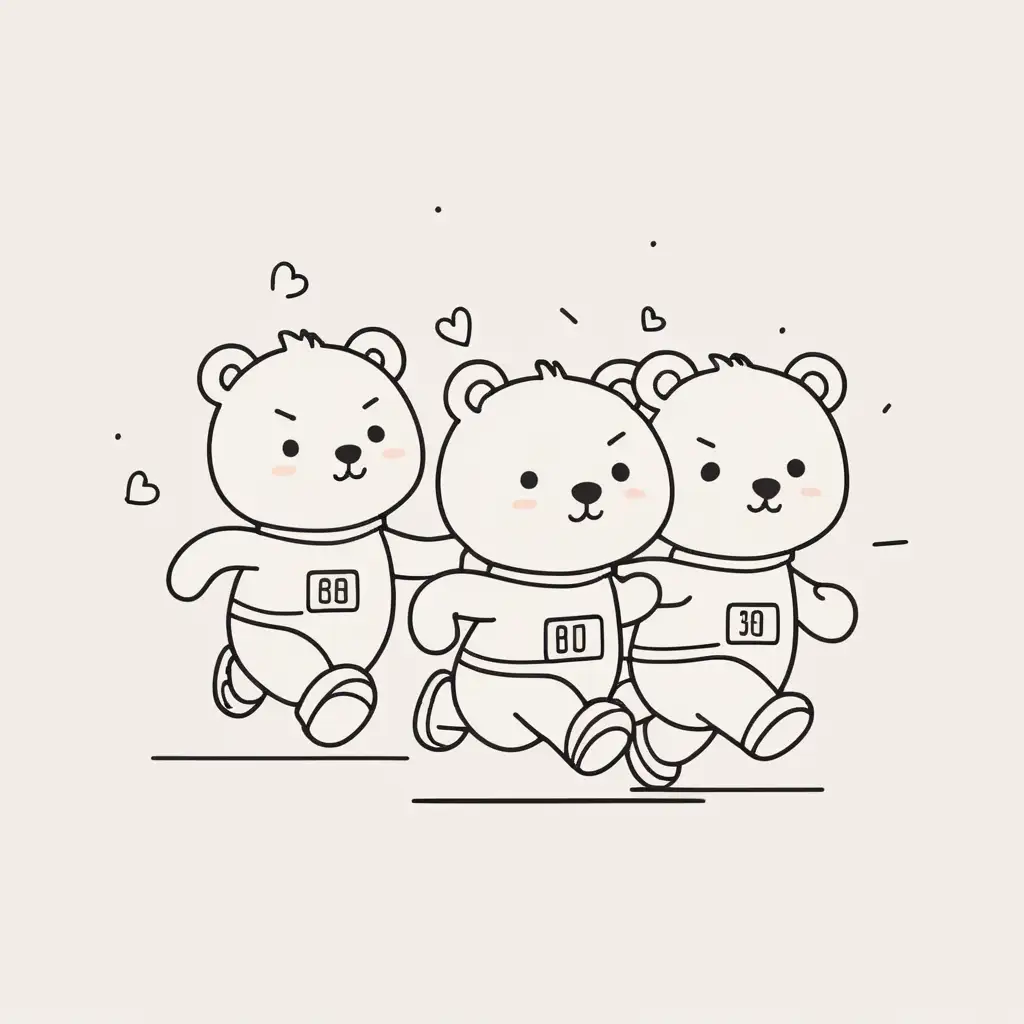 a cute bears running marathon, line drawing, minimalist