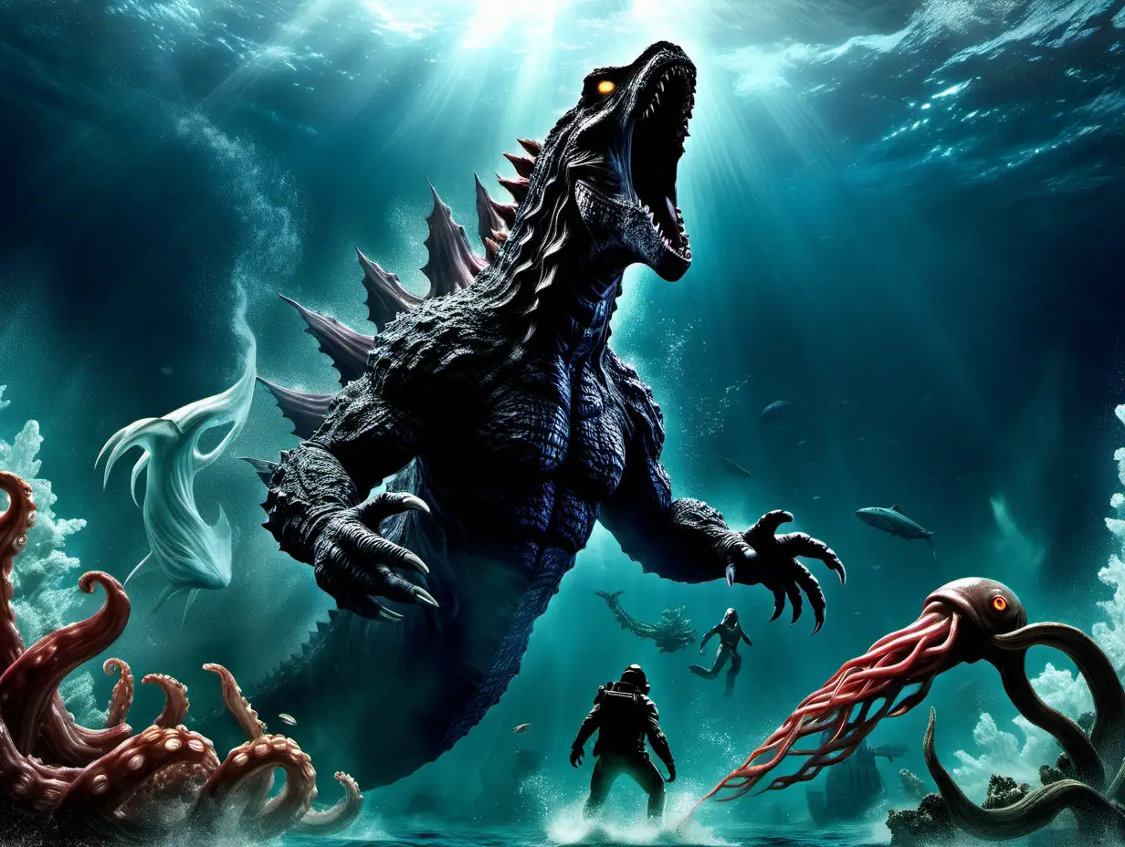 Godzilla fighting a giant squid underwater in Atlantis