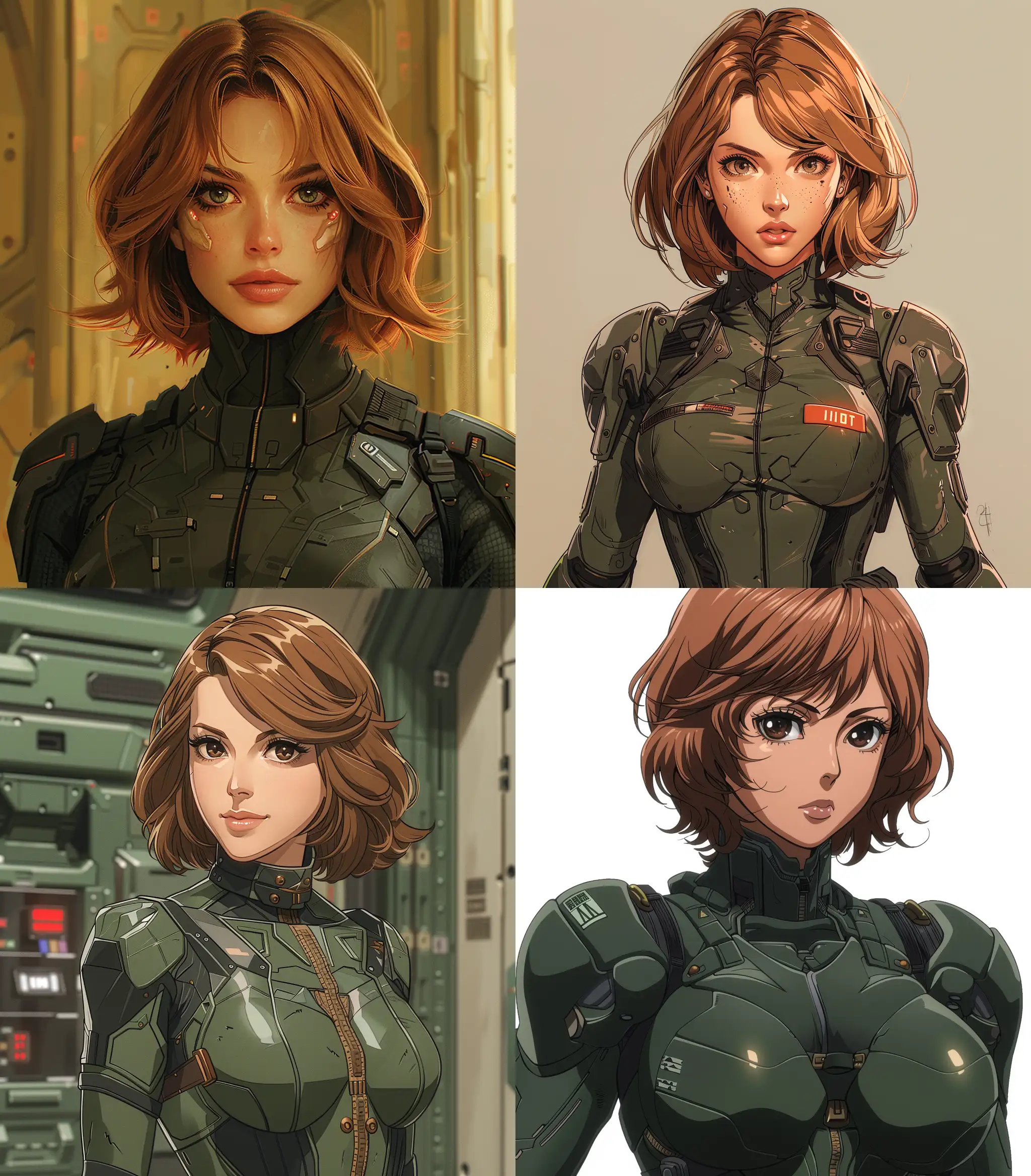 Military woman with a firm expression. Her short, brown hair, and her eyes transmit a remarkable intensity, junglepunk suit, her presence commands respect,,cartoon, zoom out x1.2 --ar 140:160 --stylize 400 --v 6