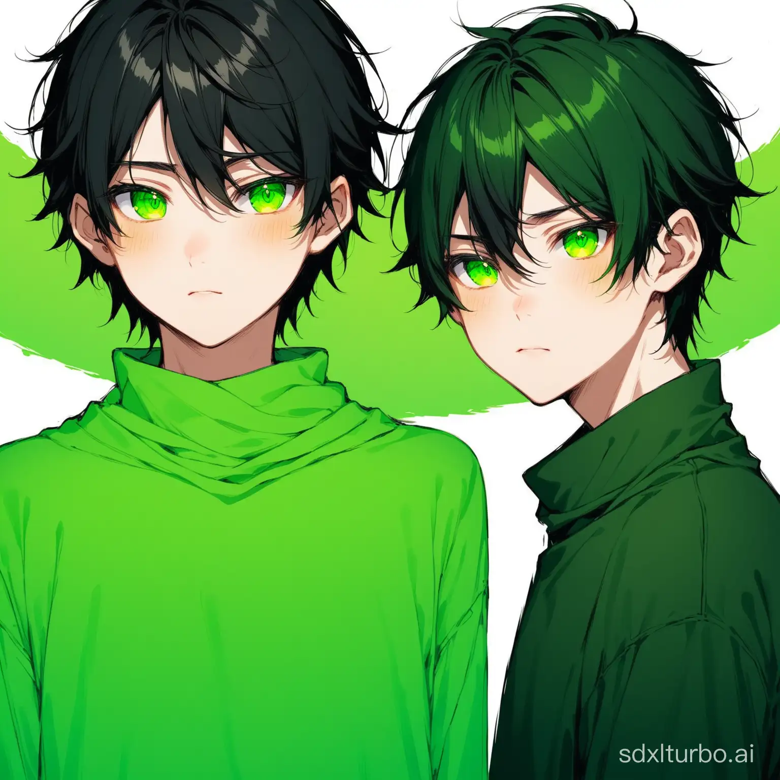 Black hair gradually transitions into a highly saturated green color, boy, green eyes, skin tinged with an unhealthy white.