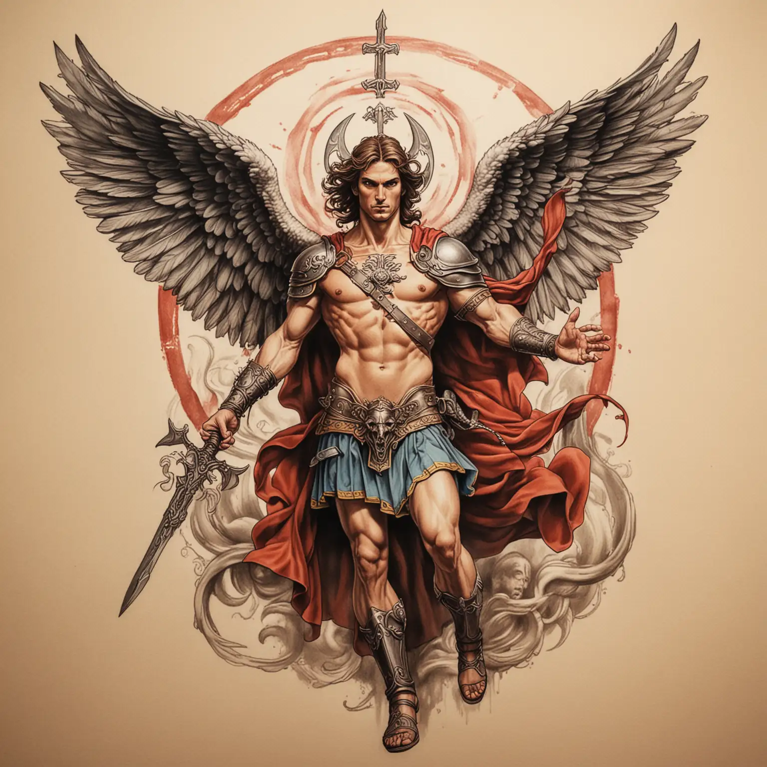 tatto sketch, ilustrate the saint Michael killing satan, colored