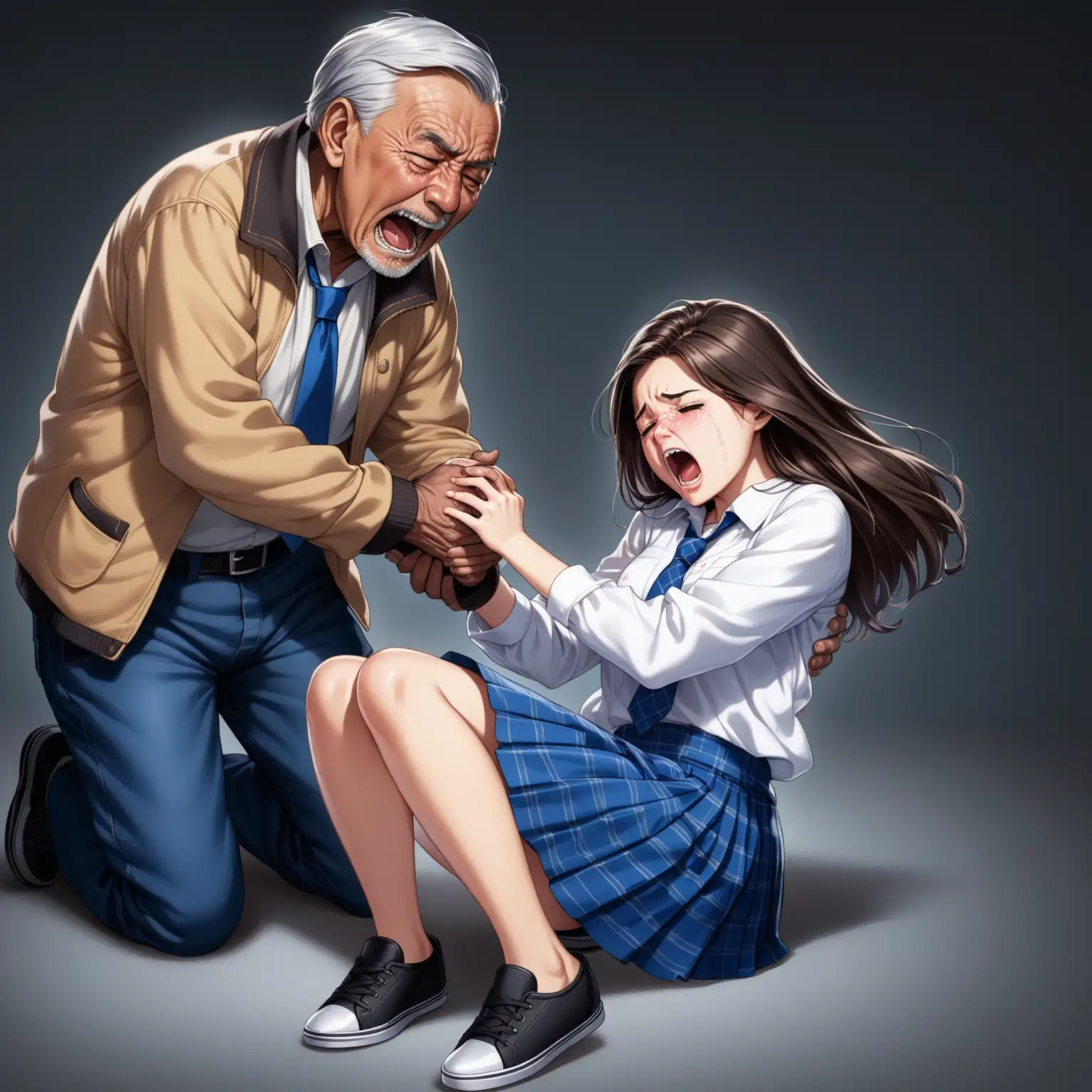 Young Woman Comforted by Elderly Man in Studio Scene
