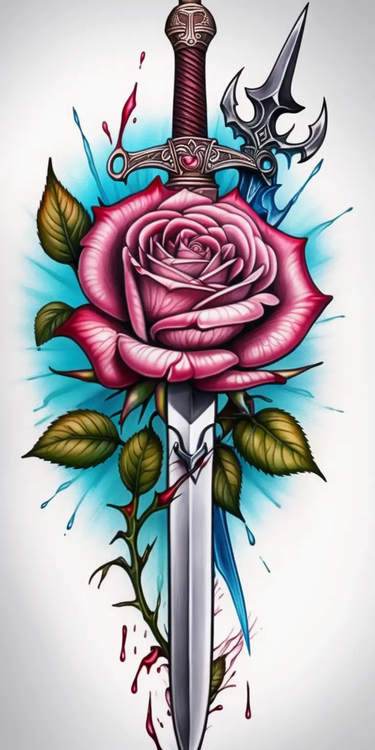 Give me a tattoo design of a rose with a dagger going through it, colorful



 