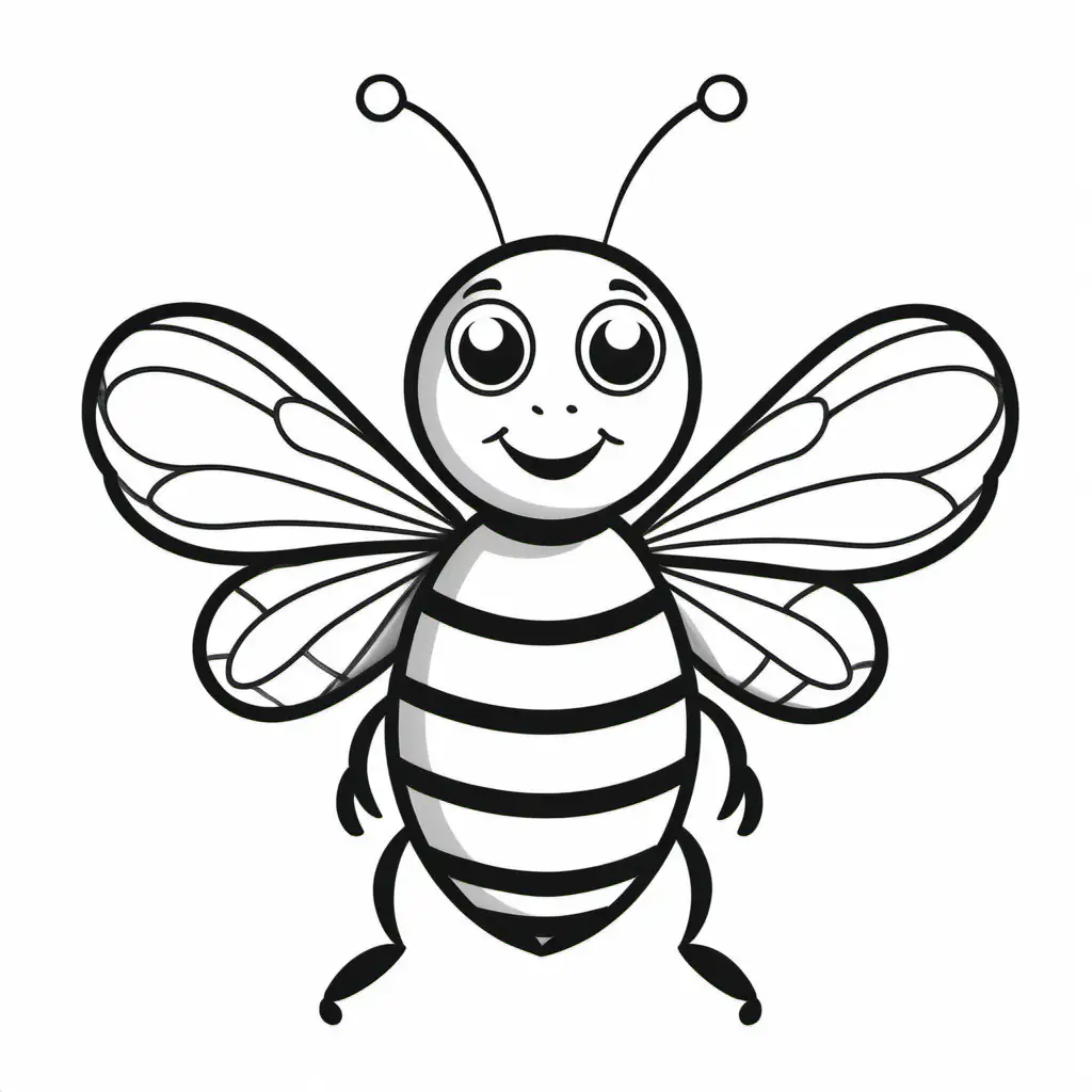australian cartoon bee drawing black and white, kids colouring book stencil, black lines only white background, fine lines, friendly cartoon