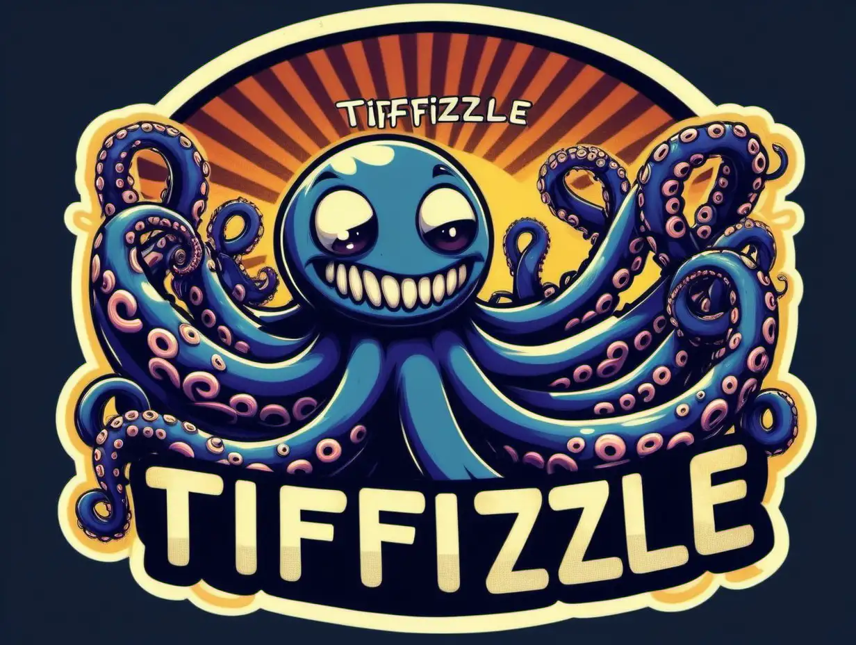 a retro product label called "Tiffizzle" featuring thicc attractive tentacle-carousel dark haired goth punk sunshine screaming karaoke dark fire stripes angry boogaloo in a doot doot zombuddy in the style of aggretsuko 