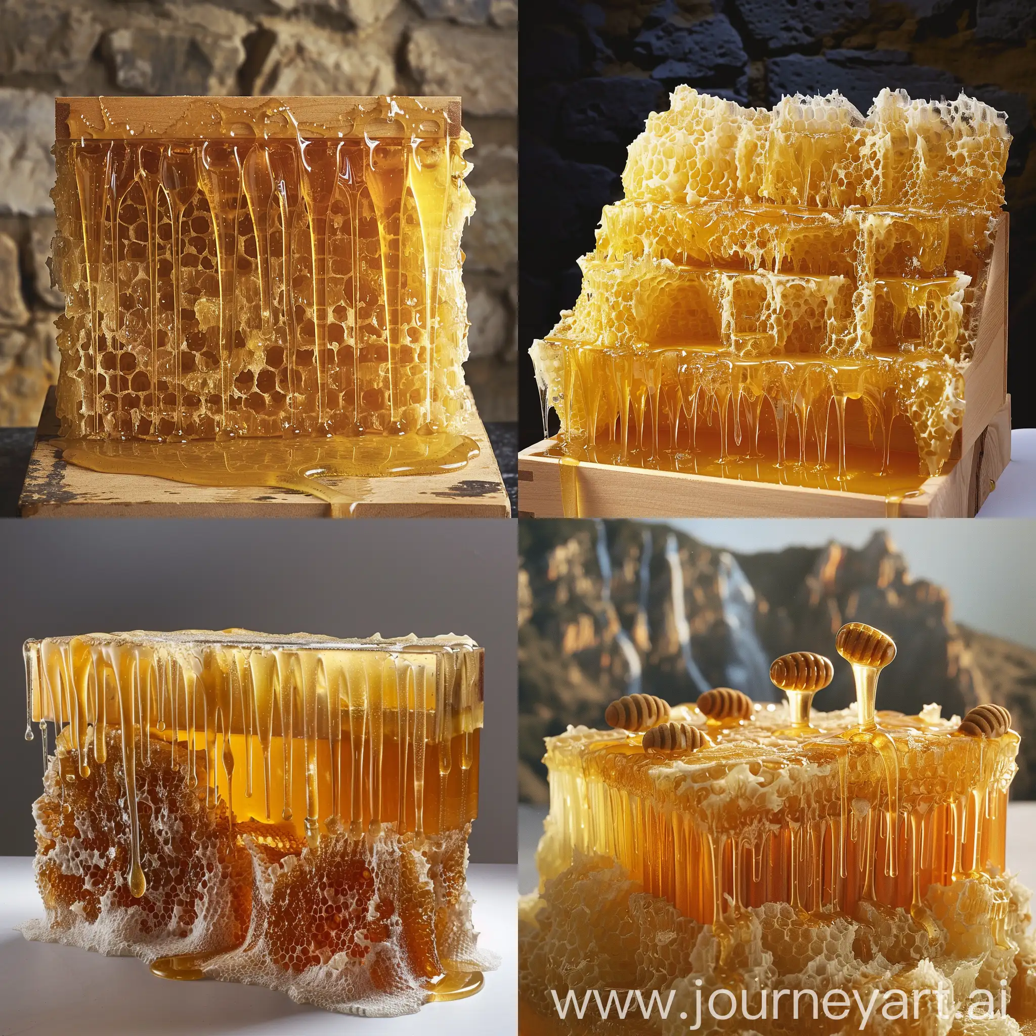Create a honey box with honey cascading like waterfalls down a high mountain.