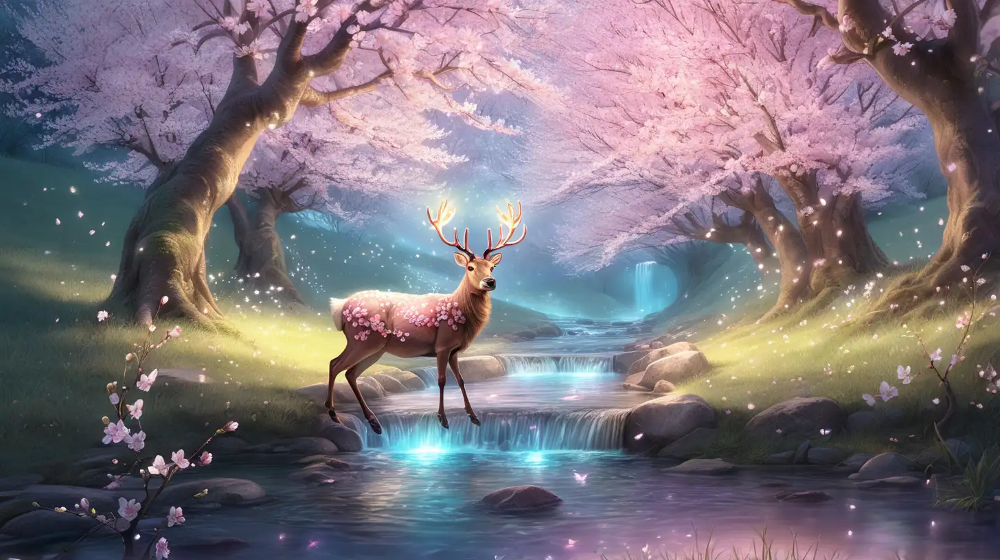 Enchanted Cherry Blossom Forest with Glowing Stag by Stream