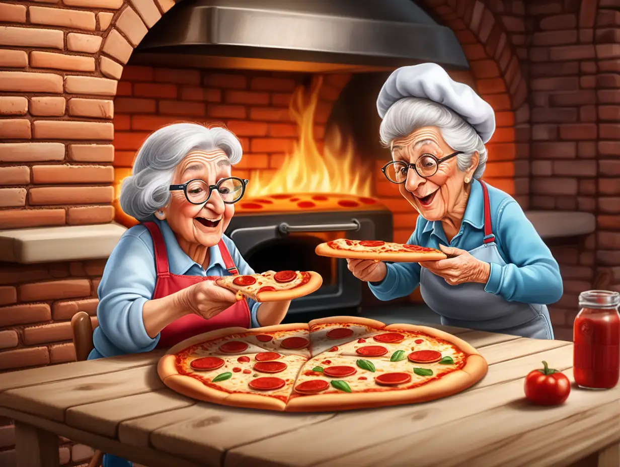 en gammal dam och gubbe sitter vid bordet äter pizza, roliga, välgjorda tecknade bilder, mycket realistiska, super fotorealistic av hög kvalité på bild, röd tegelvägg med ugn och eld, pizzaguben står bakom och lägger in pizza i ugnen