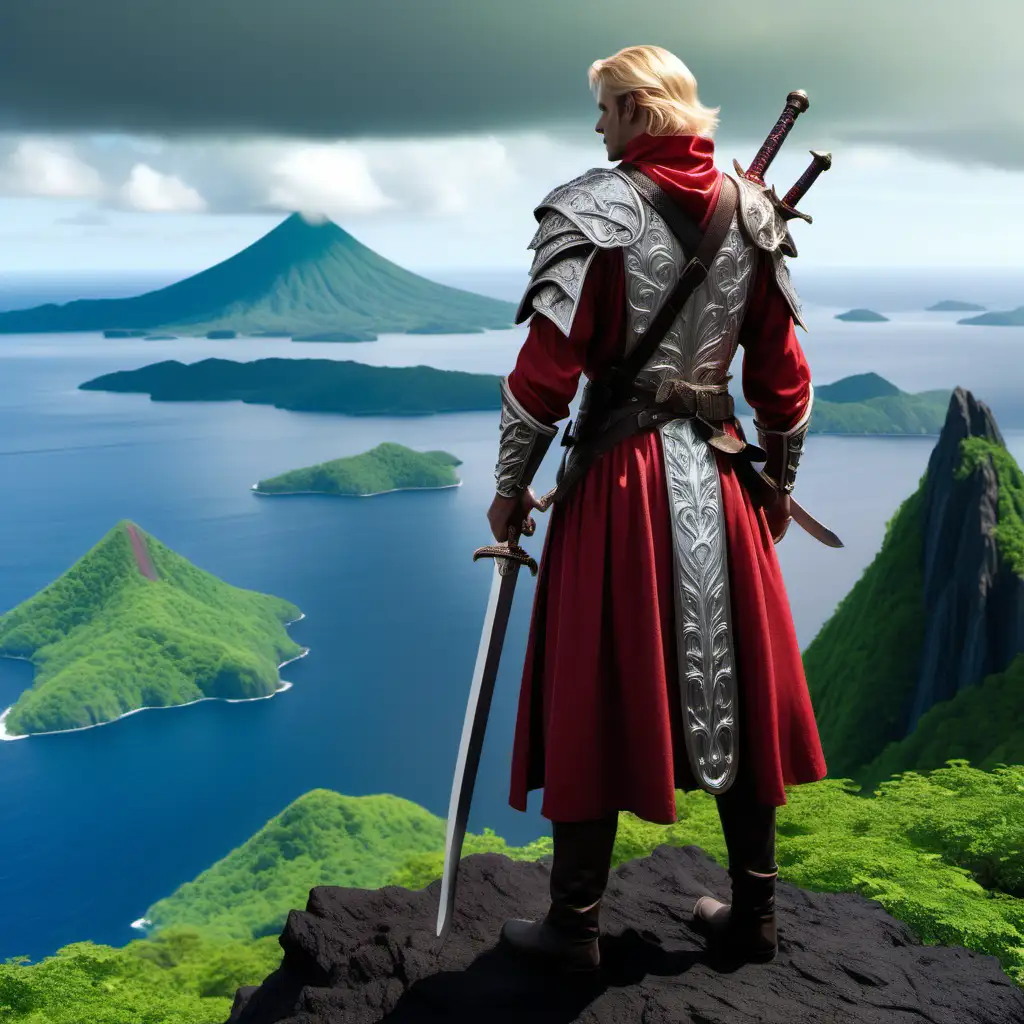 A blonde man in luminous silver, crimson, and forest green-accented fantasy garb faces away atop a peak toward a vista of verdant islands with mountainous volcanos in the midst of a great sea.  He has a scabbard attached to his back that directs toward his right shoulder.