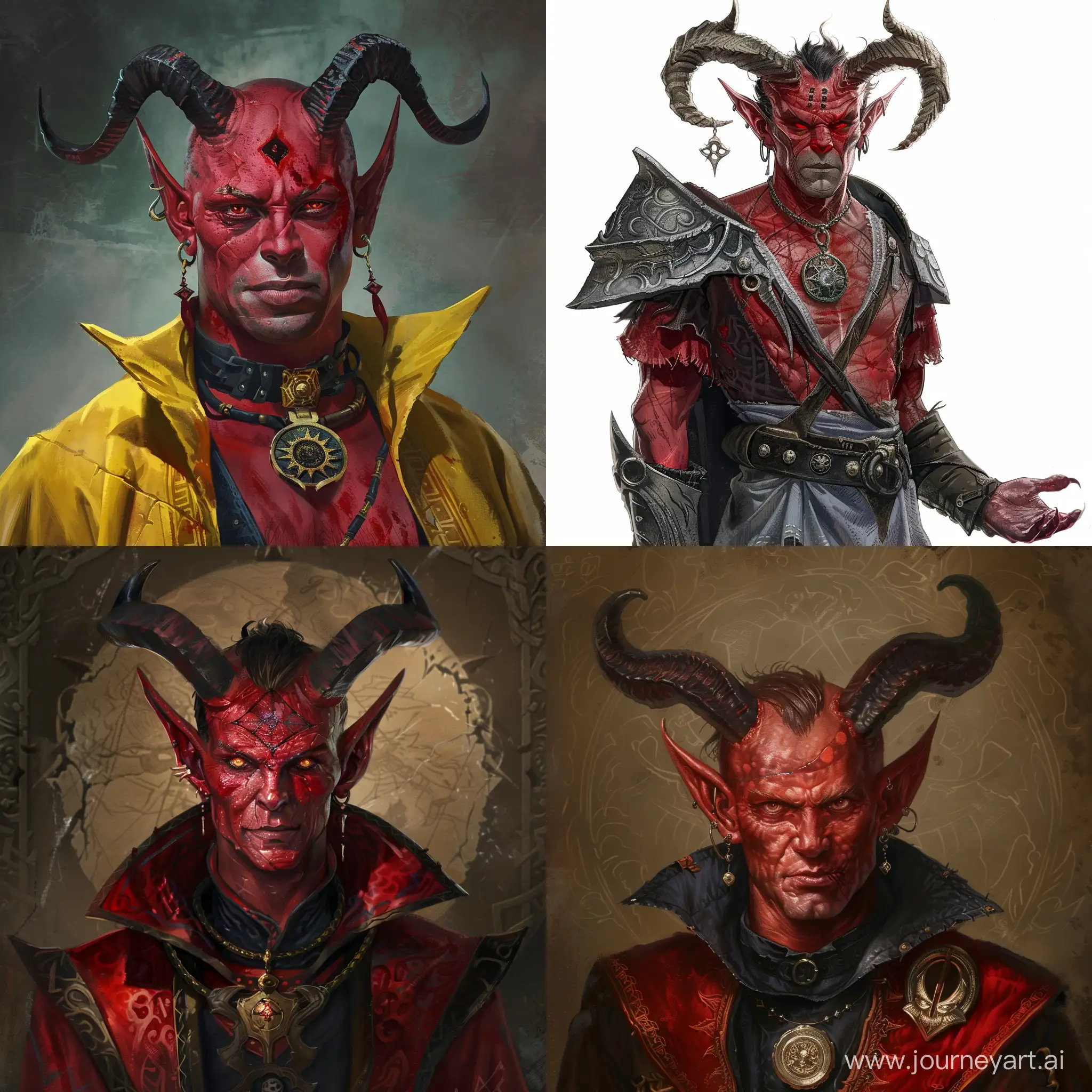 Draw a character from the Dungeons and Dragons universe according to the following description: They are a demon from the village, red skin, 170 centimeters tall, horns. A cultist who became an apostle of the blood demon . The mark of the contract is in the eye. The equipment contains an amulet inherited from his father, which contains secret energy