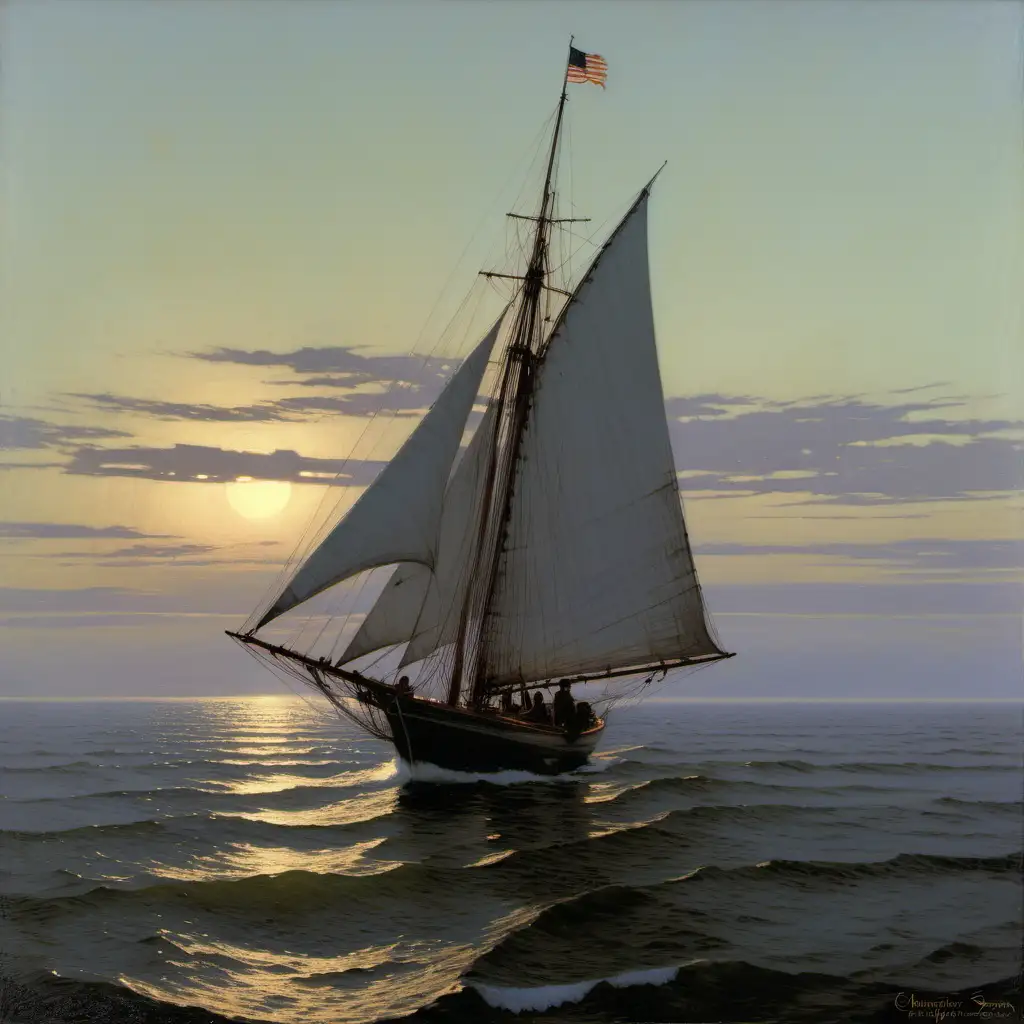 Gloucester Sloop sail boat  at sea roof waters at dusk christopher Blossom