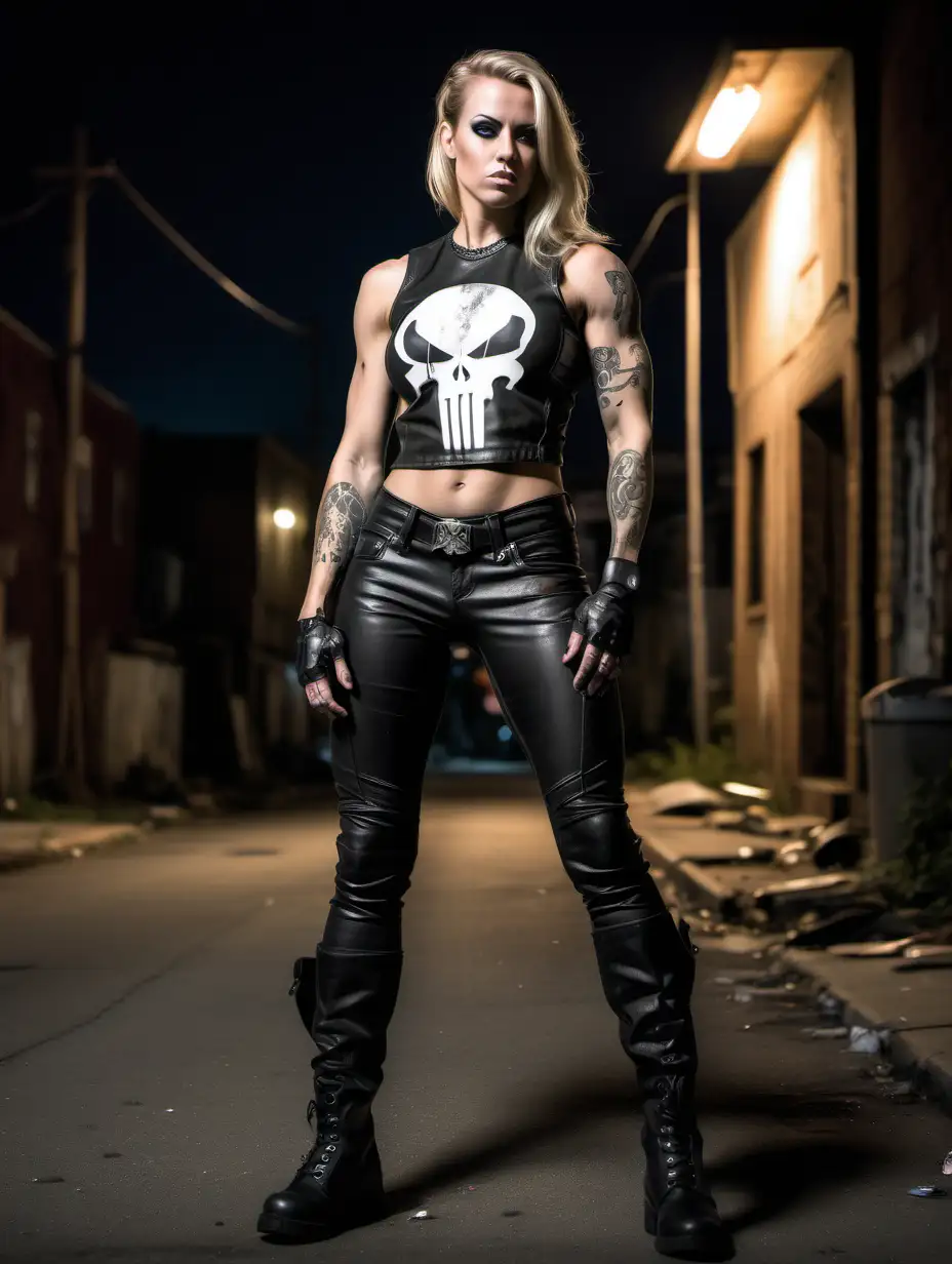 Big extremely muscular tattooed blonde female in a black leather sleeveless top with a Punisher logo, black leather pants and black leather boots standing on a street in a rundown neighborhood at night flexing