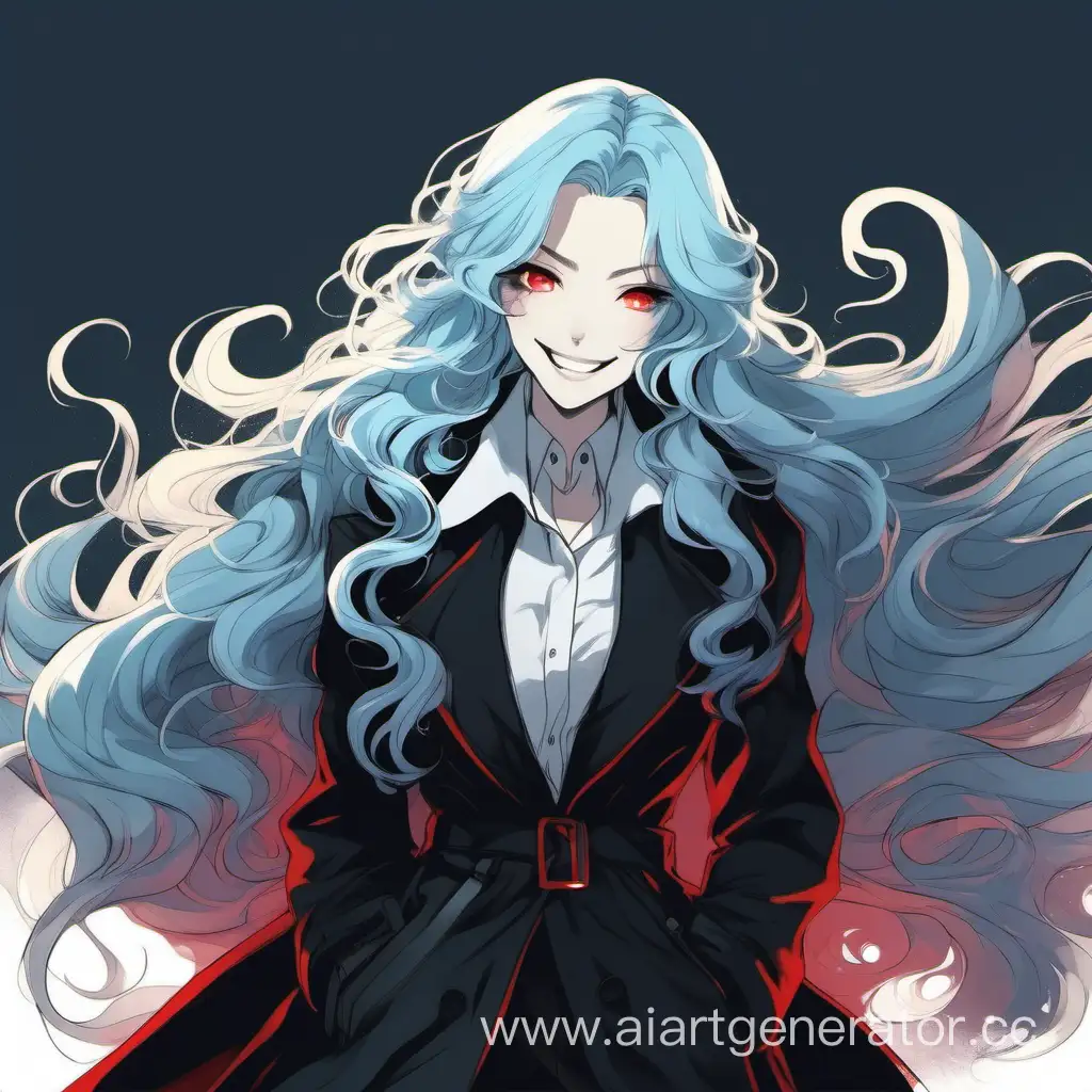 Woman with light blue wavy long hair and red eyes, grinning mischieously, wearing a black coat fully