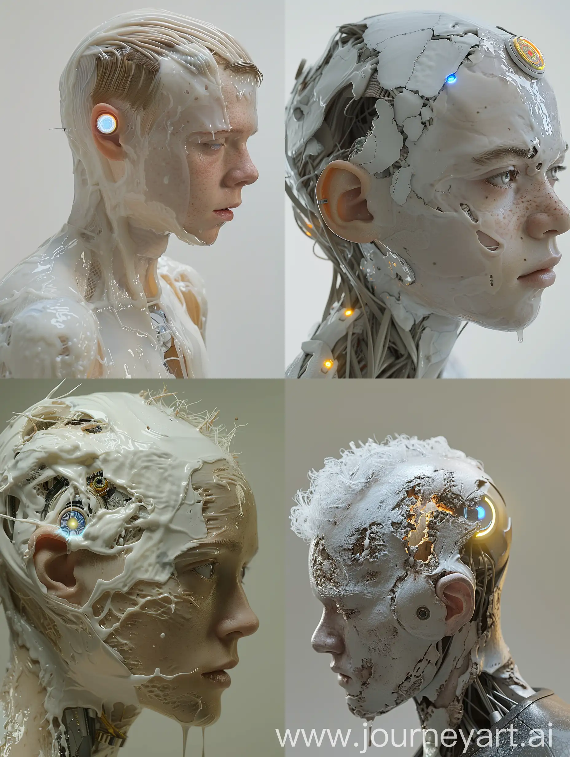 The human-like outer skin is made up of a synthetic fluid that covers the body; the androids' hair is similarly generated. The outer skin and hair can be activated and deactivated partially or fully, switching between the human and plastic-white appearance. This retraction or deactivation is controllable by the android, but also happens in case of damage, due to the fluid automatically retracting or due to the damage itself. At least some models can alter their appearance with this, such as change their hair color at will 

On their right temple, they bear a circular LED that visibly identifies them as androids and lights up in blue, yellow, or red, depending to their mental processing and condition. It can also be removed by forcing it out, making them look authentically close to a human.