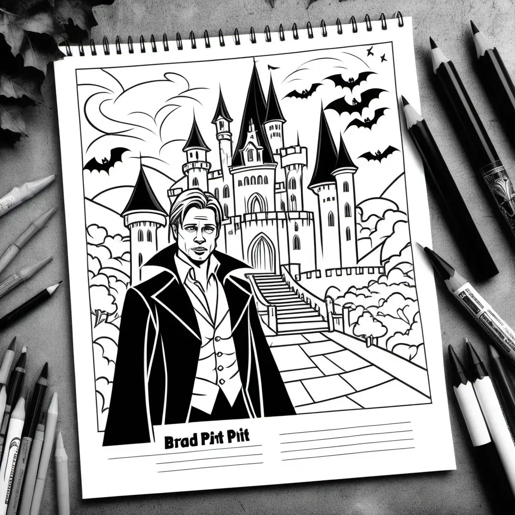a simple black and white coloring book outline of Brad Pitt dressed as a vampire in front of a castle, for coloring