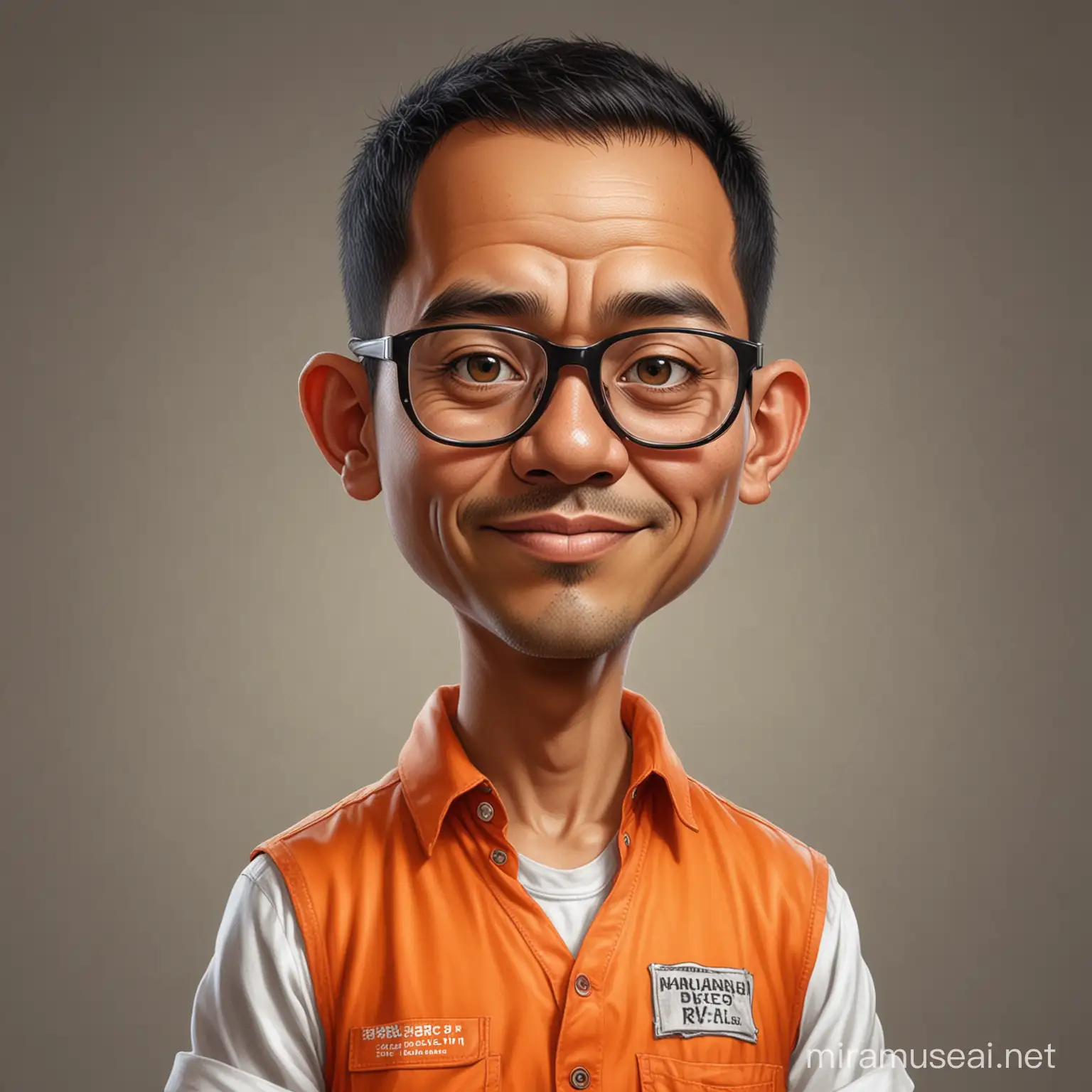 Caricature potrait full body, An Indonesian man, big head, wearing glasses, neat short hair, wearing a Orange vest prison uniform, Large text writing 271 T, realistic.