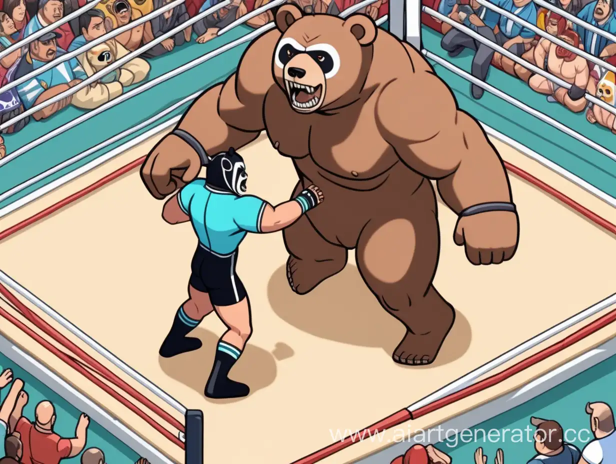 humanized bear gets kicked by a Mexican wrestler, in a wrestling ring, with a referee, with a lot of cheering fans, isometric view, anime style