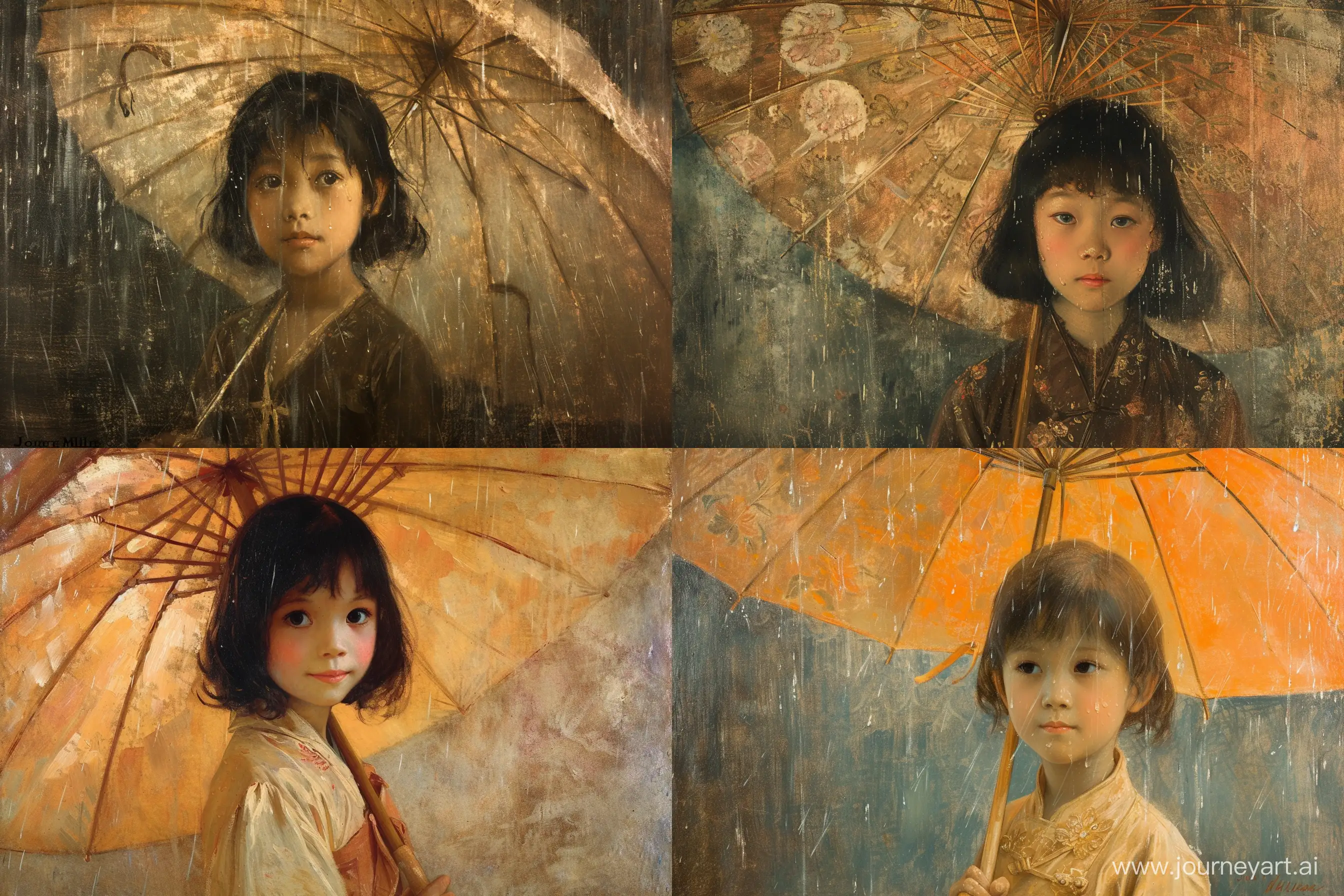 Portrait grundge of a asian young girl with an umbrella in the rain in the 1920s, by John Everett Millais
--v 6 --ar 3:2