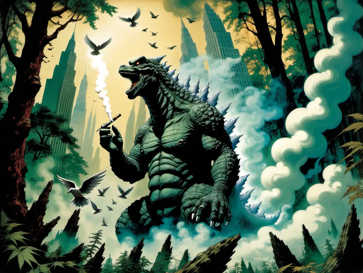 Godzilla smoking a joint in an enchanted forest with doves flying above Frank Frazetta style