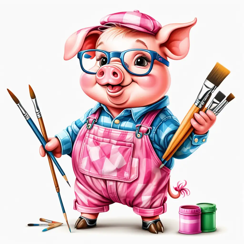 in bright colorful cartoon style, an image of a cute little pig wearing dressed like an artist painter. no background in image