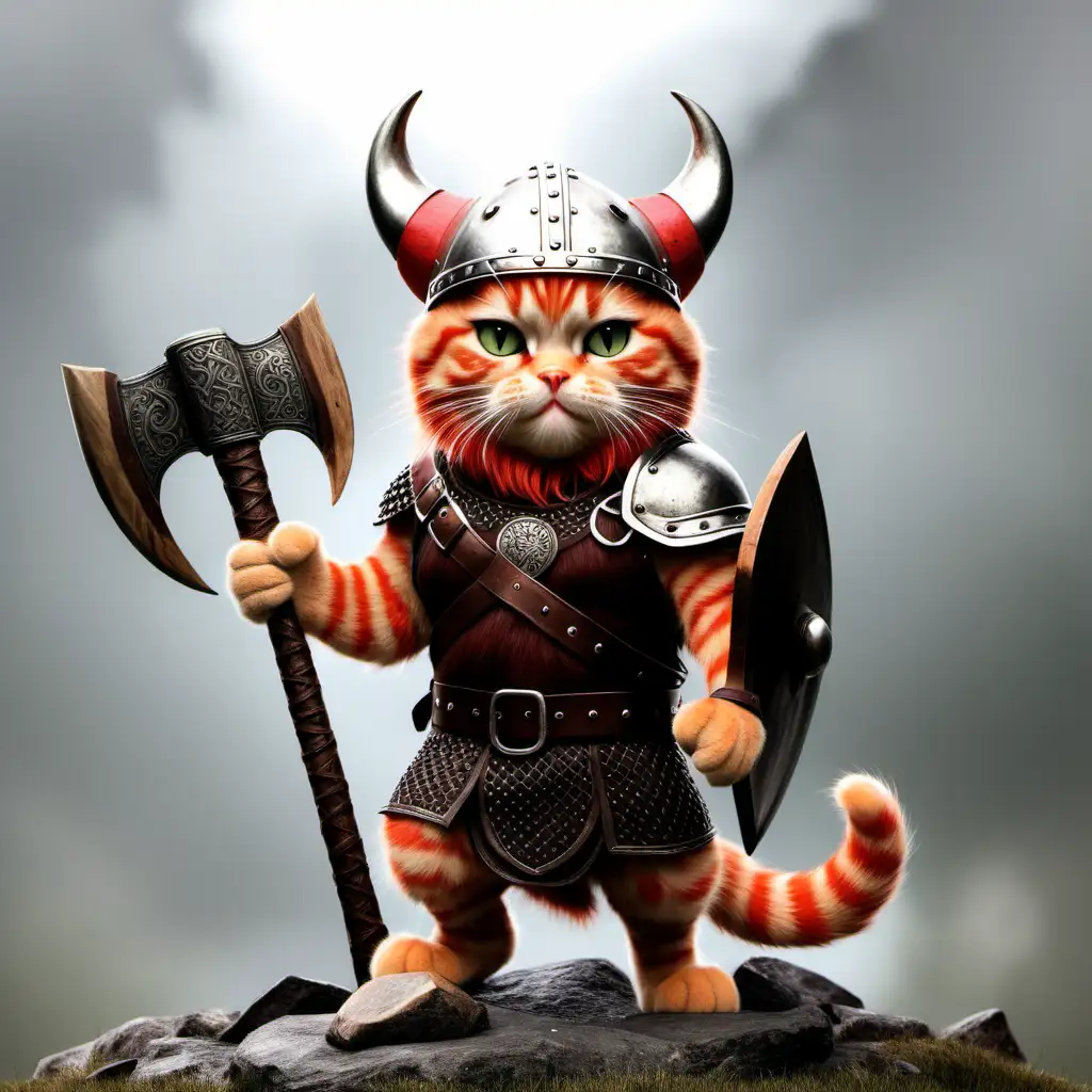Red tabby cat with viking helmet and axe