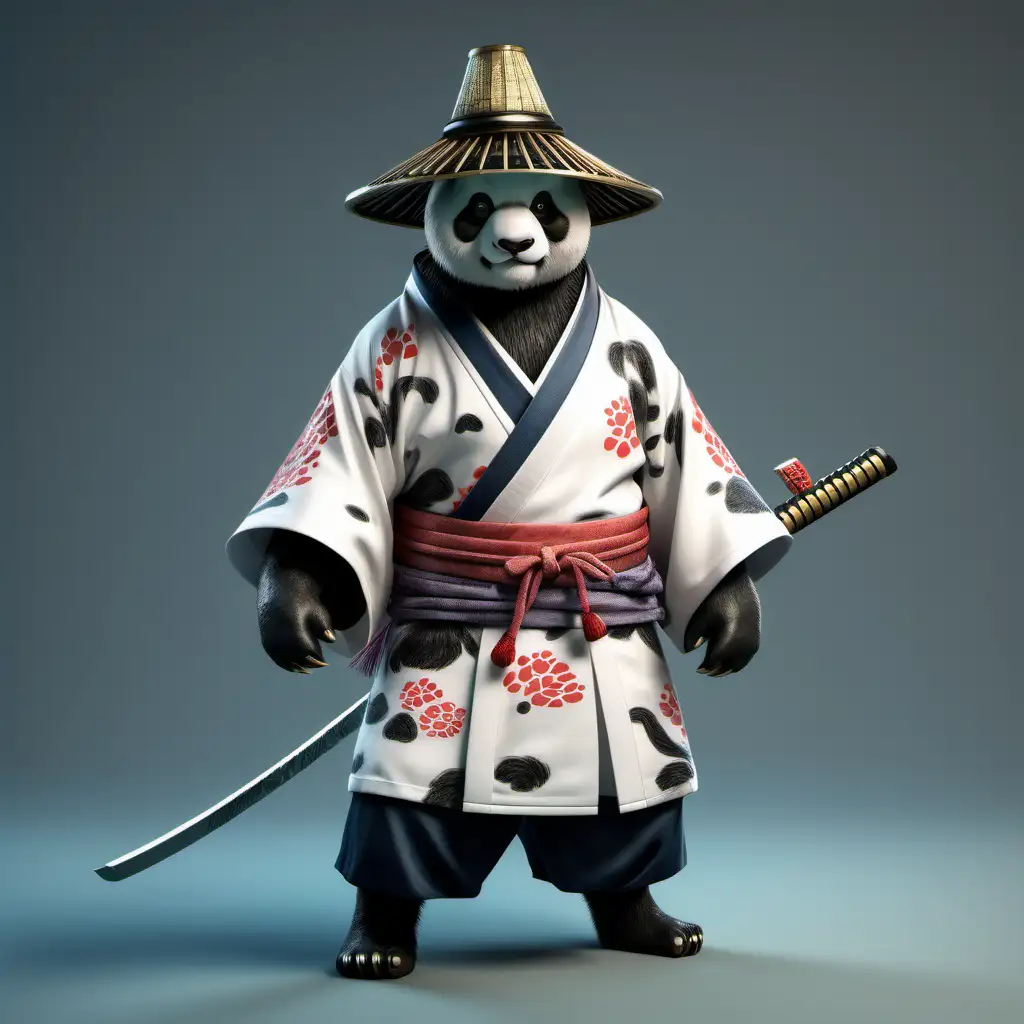 реалистичная панда мужского пола самурай в кимоно и  самурайской шляпе усиками и бородкой с звериными лапами и звериным телом собой полный рост