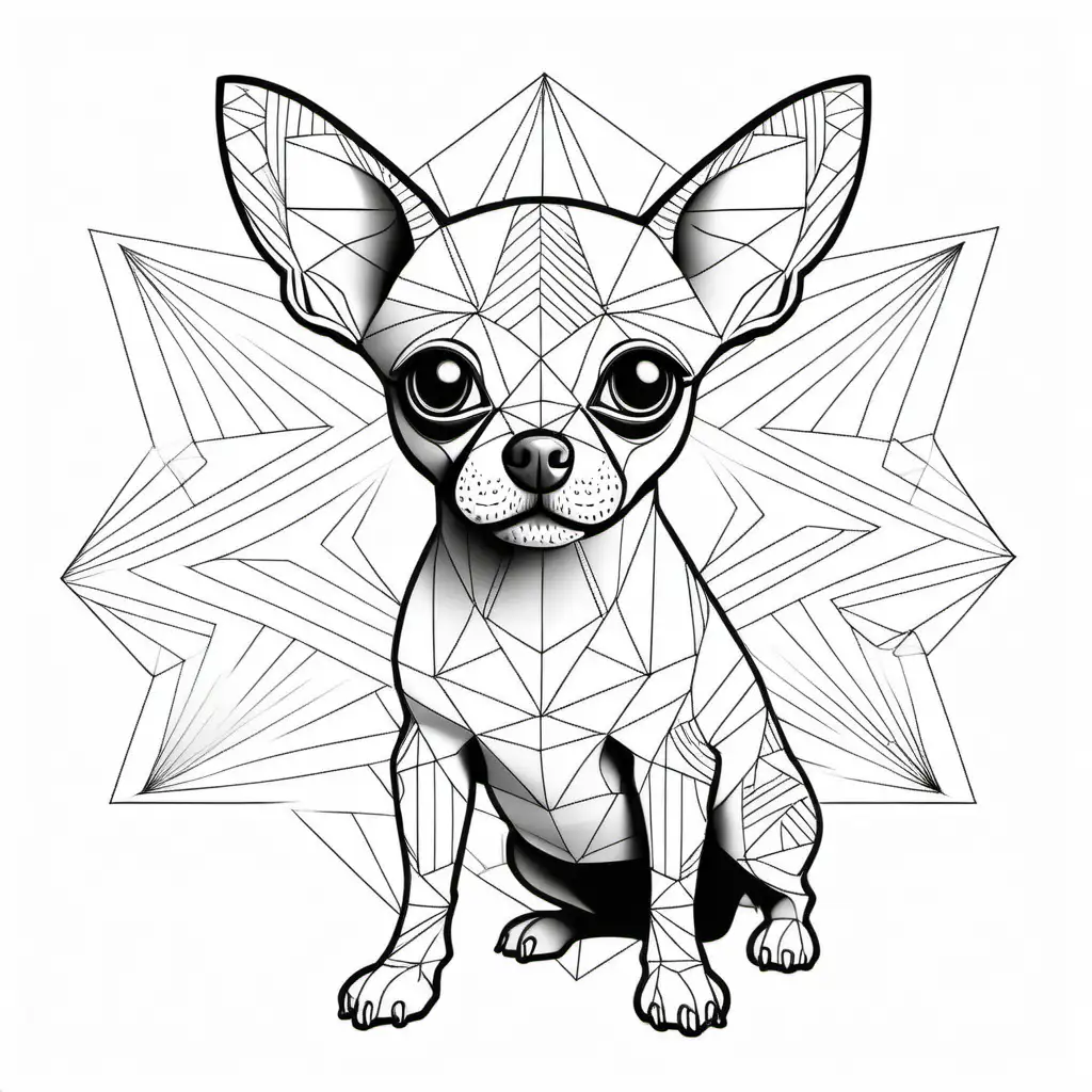 chihuahua, coloring book image, geometric patterns all over its body, blank background