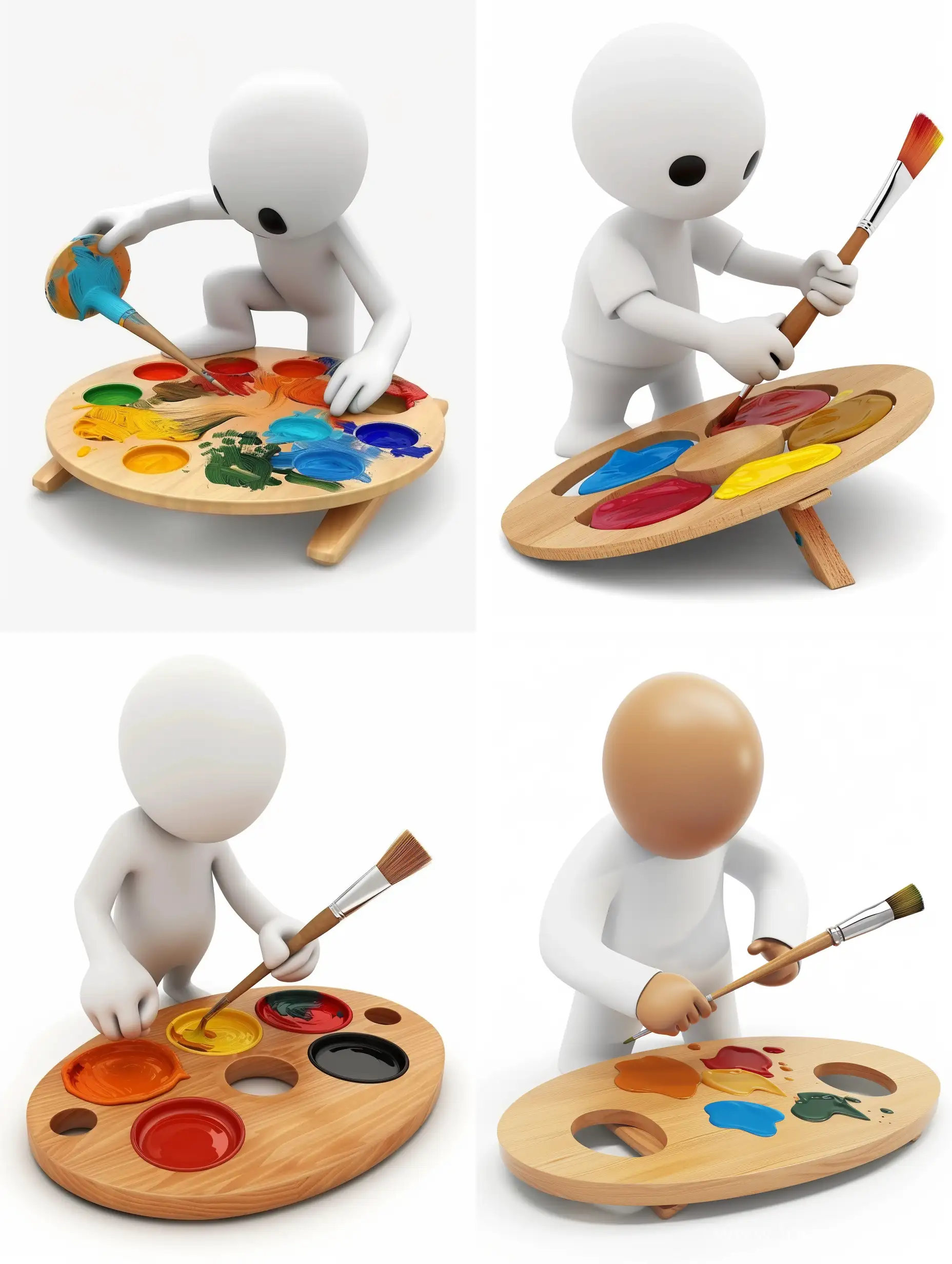 a 3d man mixing paint in his wooden palette for painting in white background