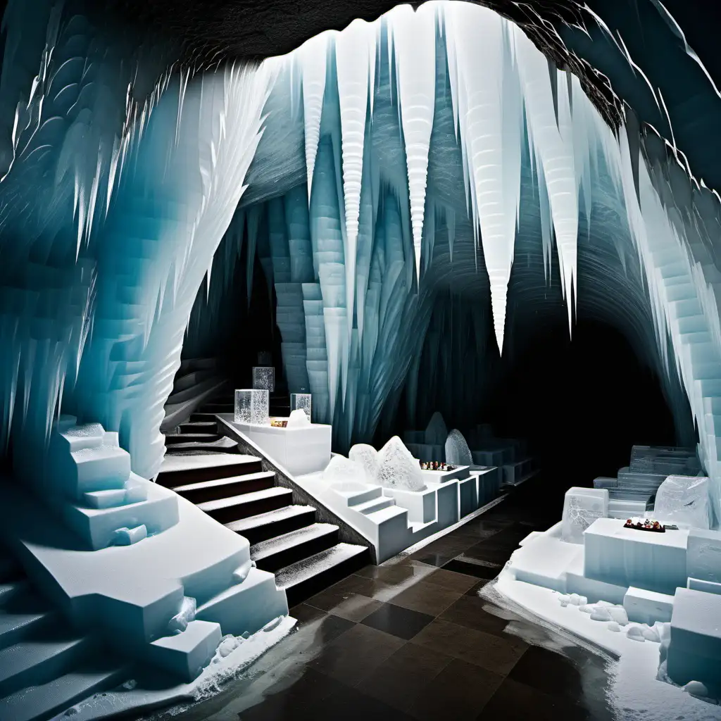 multi-level ice caves and fissures like a small city with retail, restaurants; place caves in finished interiors environment not so much ice more architectural looking

