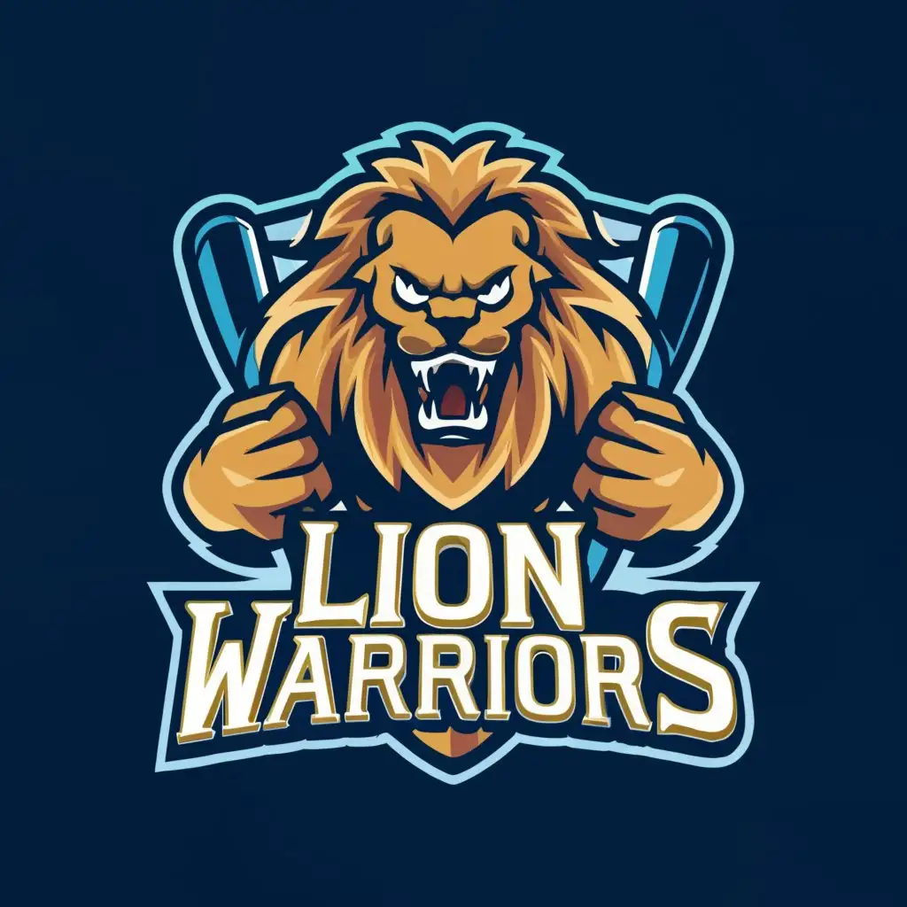 a logo design,with the text "LION WARRIORS", main symbol:Angry Lion with bat and ball,Moderate,clear background