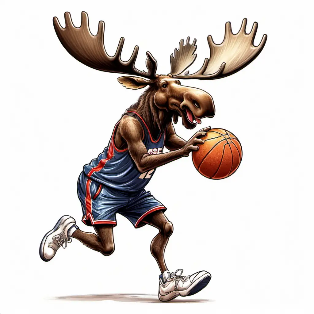 Playful Moose Caricature Dribbling Basketball on White Background