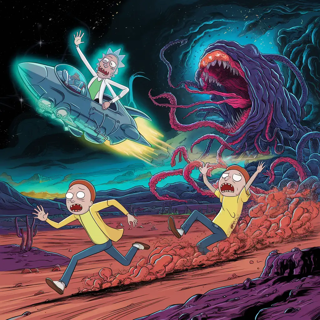 In the distance, against the backdrop of the planet's horizon occupied by bright, unearthly stars, there is Rick in a spaceship, taking off into the unknown. He curses the universe from the spaceship window, waving to Morty in farewell, as the rocket's lights illuminate his at once grinning and ominous face.
Morty was left alone in the dusty desert of this alien system, where stone washouts and dunes form mysterious silhouettes. Scared and in panic, Morty is running from a terrible monster, which is roaring terrifyingly and chasing after him. The monster looks like a huge thousand-legged creature, the size of a large rocky hill, its thick tentacles stretch towards Morty with a clear lust for attack.
This image should carry a sense of tension and irony, and the design should be saturated with colors to capture the dynamic and wild nature of the scene.