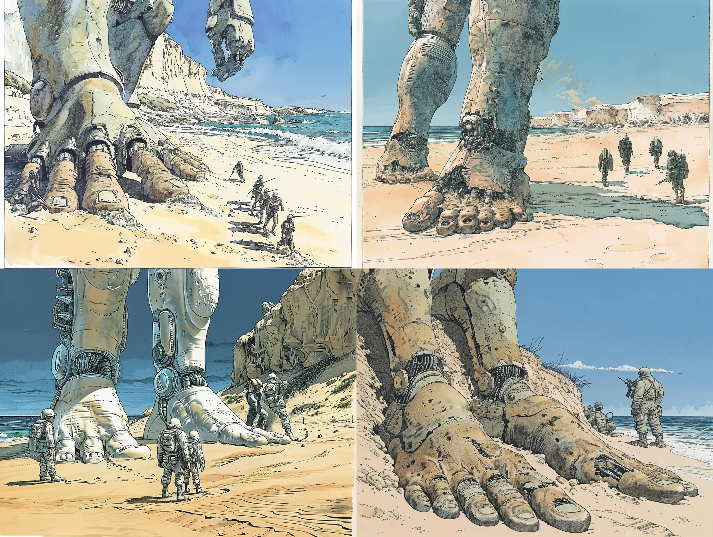 Dessin BD francophone, selon Artist Moebius, Histoire de Science-Fiction: Sur une plage des soldats sci-fi sont acrasés par des pieds géants. C'est au bord de la mer, dunes de sable,