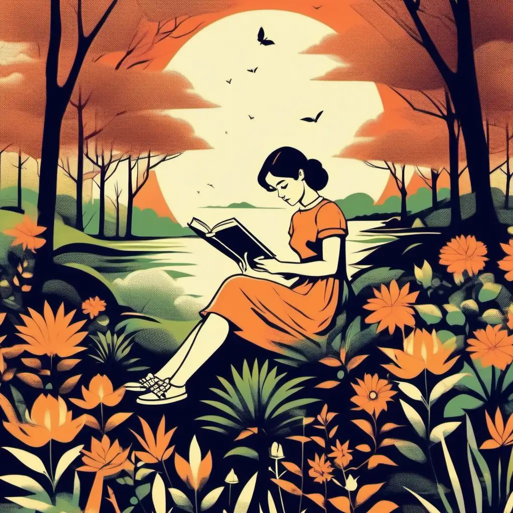 Girl reading a book,  in the style of vintage poster design, dreamlike naturaleza, flat form, floralpunk