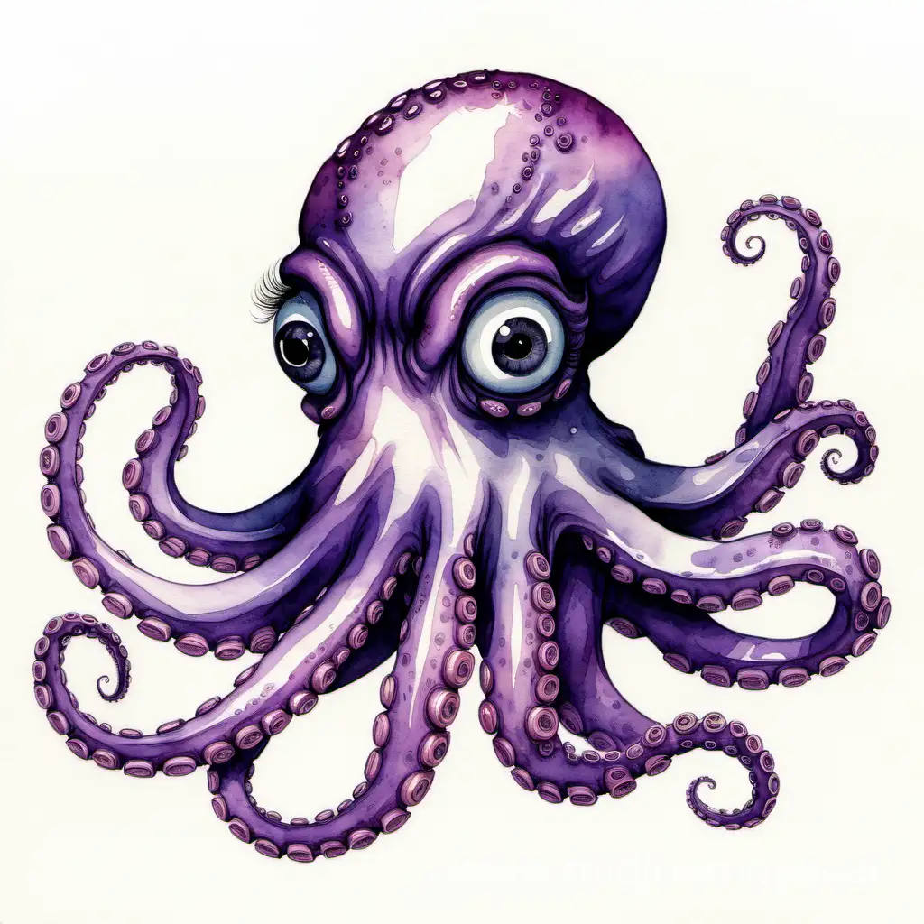 a watercolour purple illustration of an octopus with long eyelashes. The octopus needs to look very sad 
