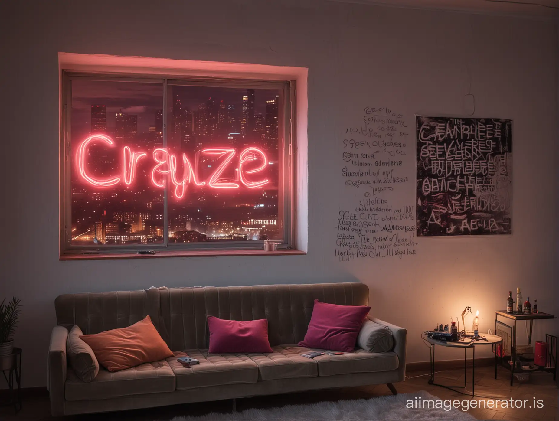 in a large room on the wall above is written in neon: RCKT. window is open, through the window can be seen the evening city. on the sofa lies a girl escort smokes a hookah, lies nearby notebook and alcohol with the word CRAYZE everywhere