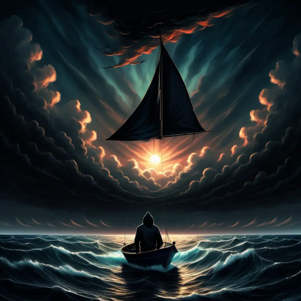 En ung vuxen man med svart luvtröja seglar en liten segelbåt, man ser inte hans ansikte, han seglar bort ifrån misär och mörker och seglar in i ljuset, han hallucinerar kraftigt, dramatiska färger och dramatiska moln på himlen 