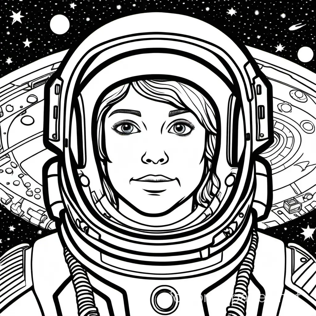 adult astronaut face working on a space ship, Coloring Page, black and white, line art, white background, Simplicity, Ample White Space. The background of the coloring page is plain white to make it easy for young children to color within the lines. The outlines of all the subjects are easy to distinguish, making it simple for kids to color without too much difficulty