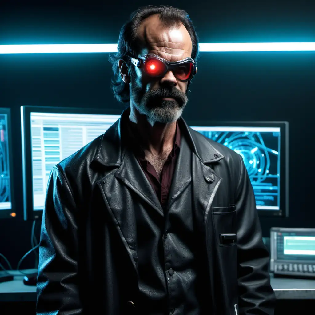 Full body shot of young Steven Ogg as a cyberpunk hacker. his beard and hair are long and disheveled his beard is very long. He wears goggles that zoom in and glow red. He wears a black lab coat.