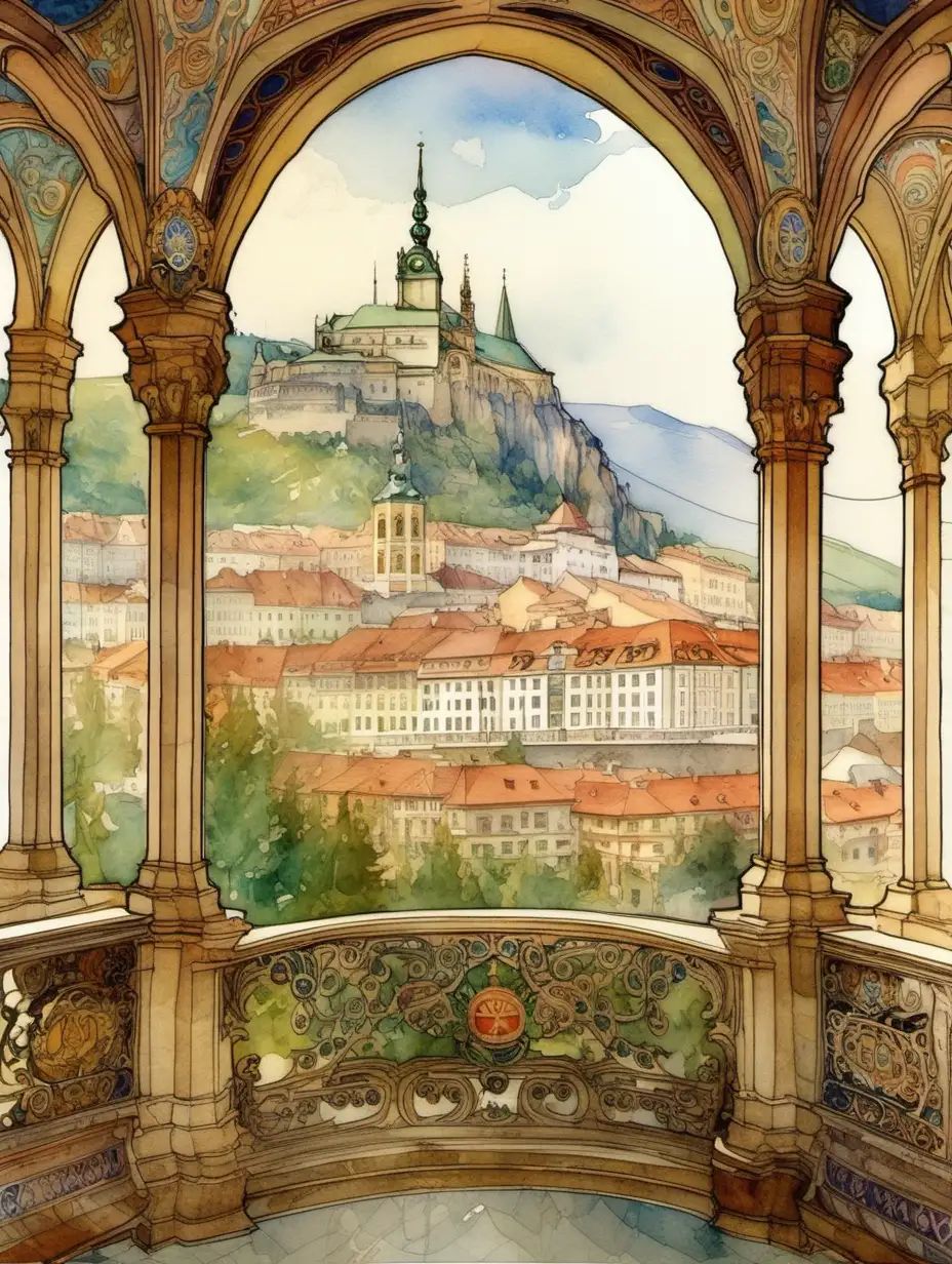 Piestan Slovakia Watercolor Art by ALPHONSE MUCHA Spectacular View with Trending Intricate Details