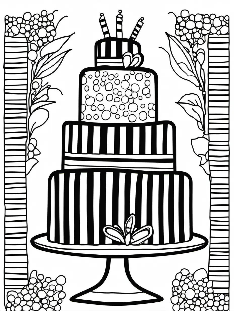 Quirky, unique, whimsical, fun, Wedding cake colouring page,white background, bold black lines, simple details, black and white 