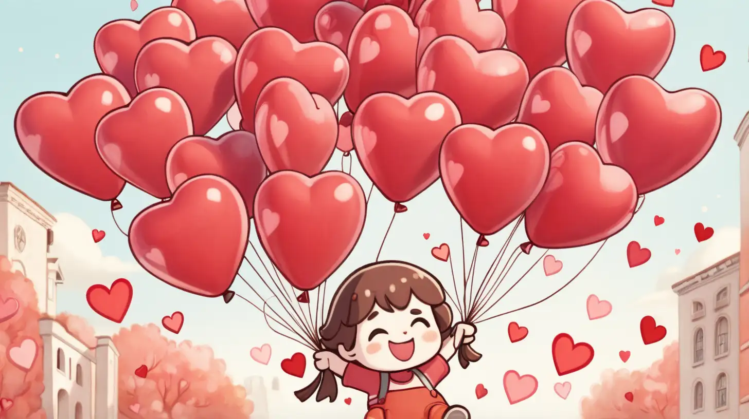 A cute character holding a bunch of heart-shaped balloons, radiating happiness.