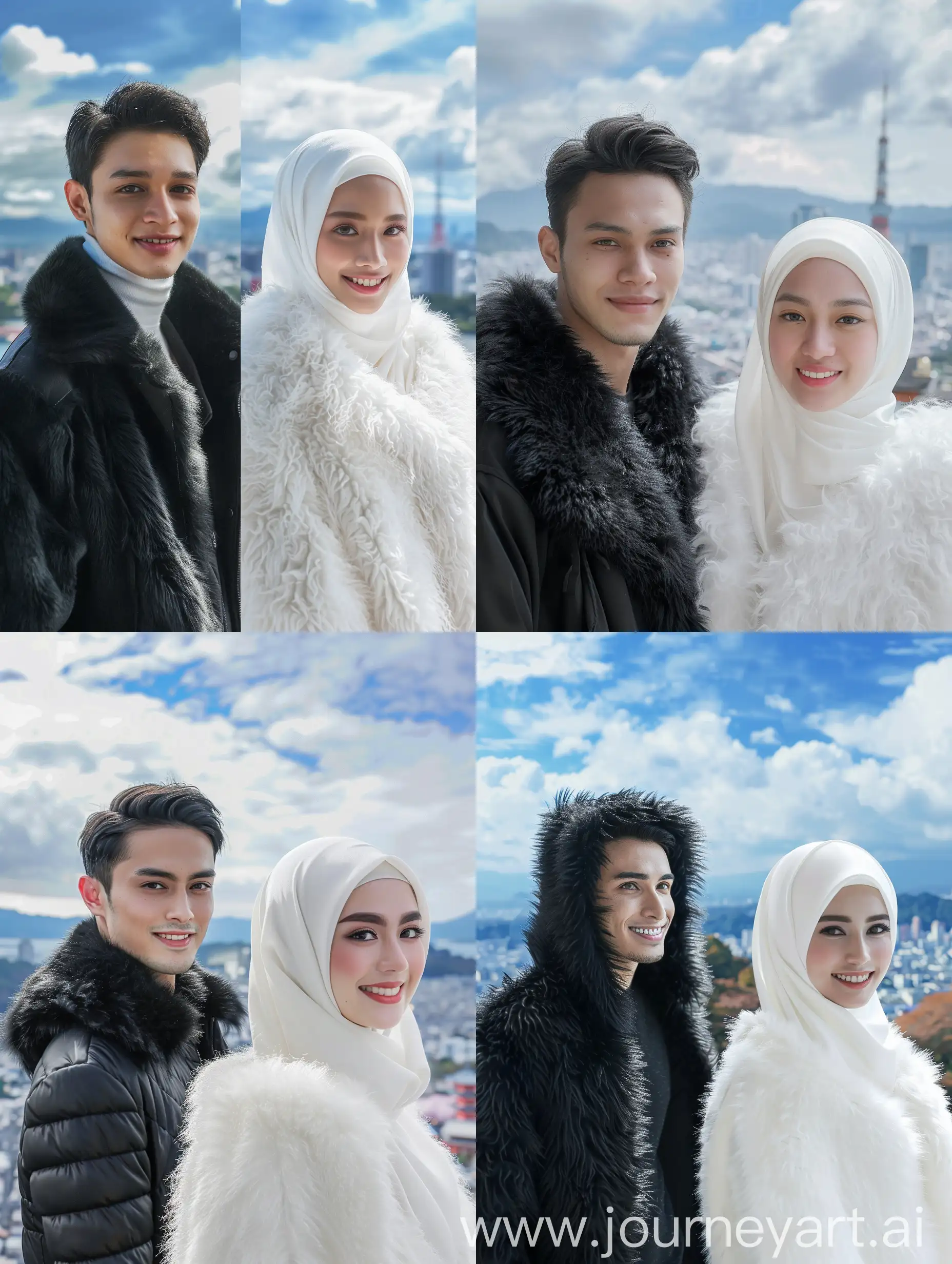 (10K, RAW Photos, Photography, Photorealistic, Realistic, Highest Quality, Intricate Details), Medium photo of 25 year old Indonesian man, fit, ideal body, oval face, white skin, natural skin, medium hair, wearing a black fur jacket - Side by side with a 25 year old Indonesian woman wearing a white hijab, white fur jacket, smiling facing the camera, her eyes looking at the camera, the corners of her eyes are at the same level as her white skin, beautiful and cute with a view behind her of a beautiful Japanese city and bright blue sky clouds, full HD body photo like real