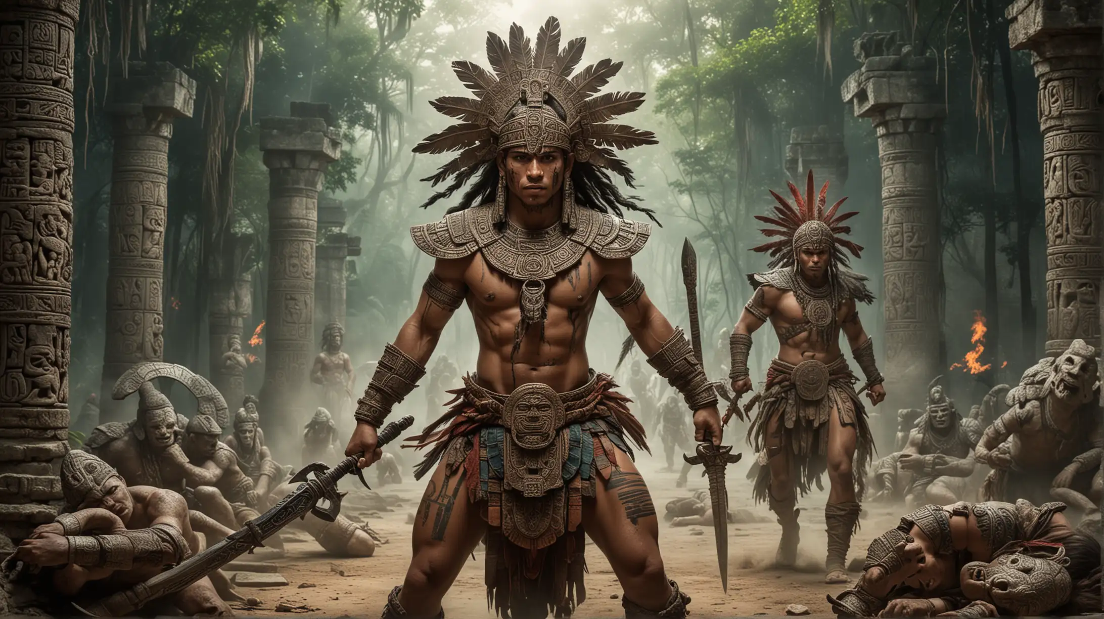 Two warrior twins from The Popul Vuh the Mayan myth battling the lords of the underworld and Mayan symbols behind them