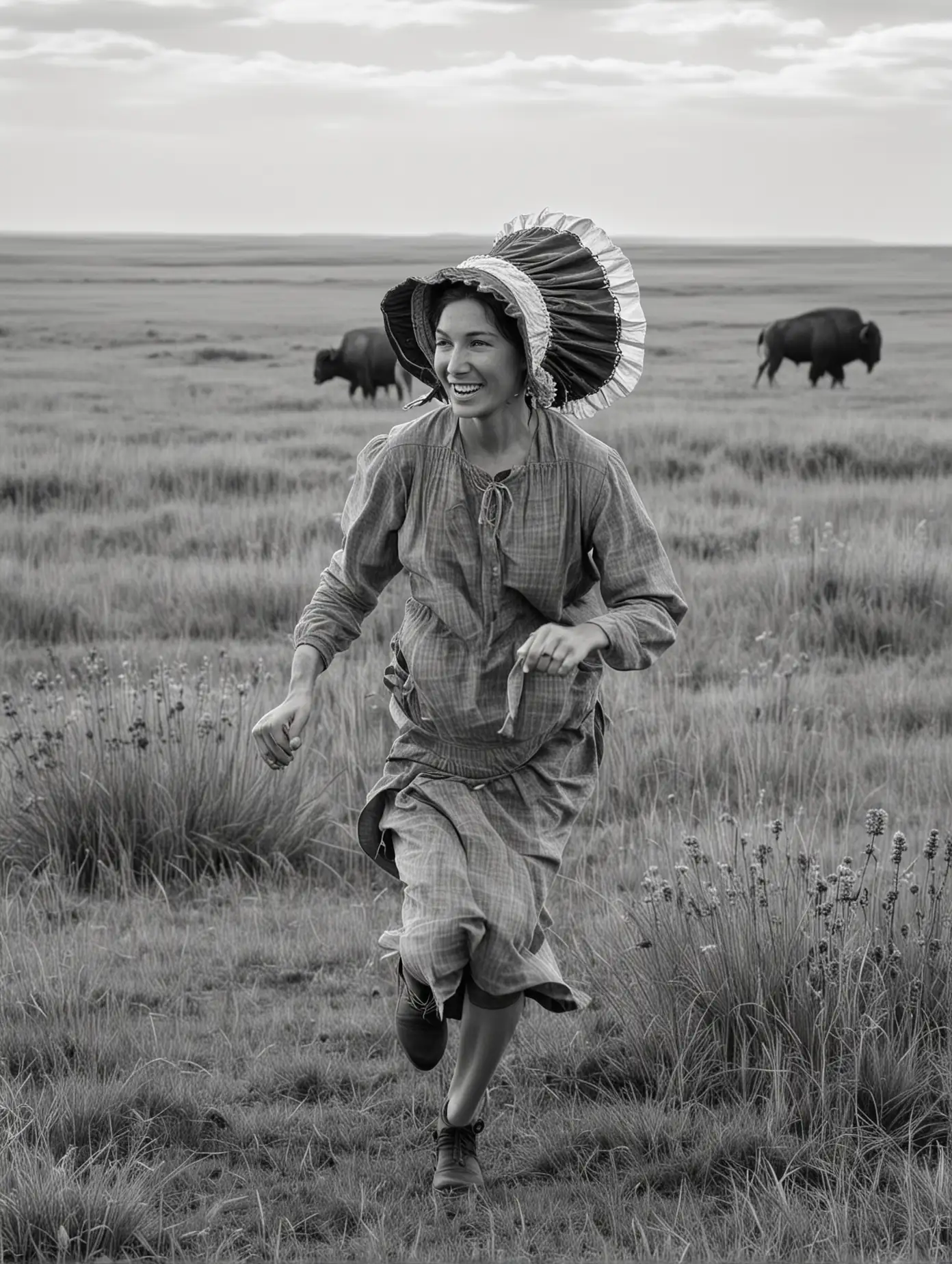 A woman runs through the prairie. She is a pioneer and wears a bonnet. there are buffalo in the background. Seen from the side.  In black and white. 