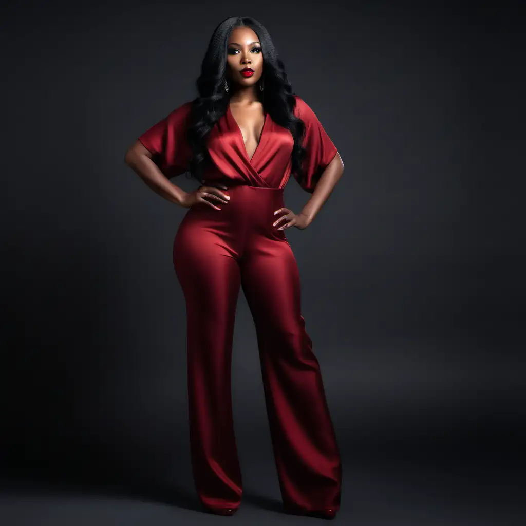 full body black woman with long black hair in dark red elegant silk jumpsuit