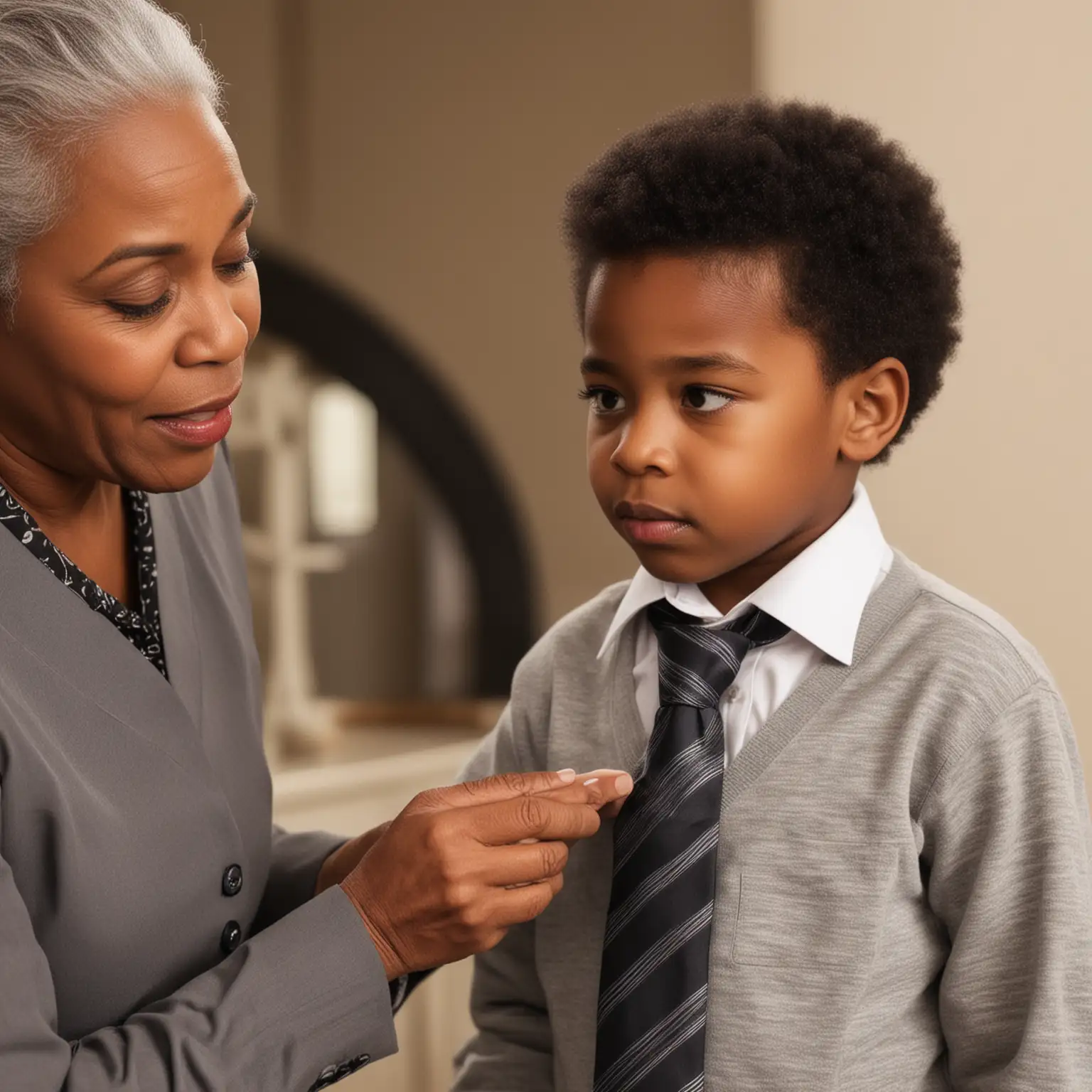 black male child being prepared for church by black grandmother. grandmother is helping child with his tie 

 
