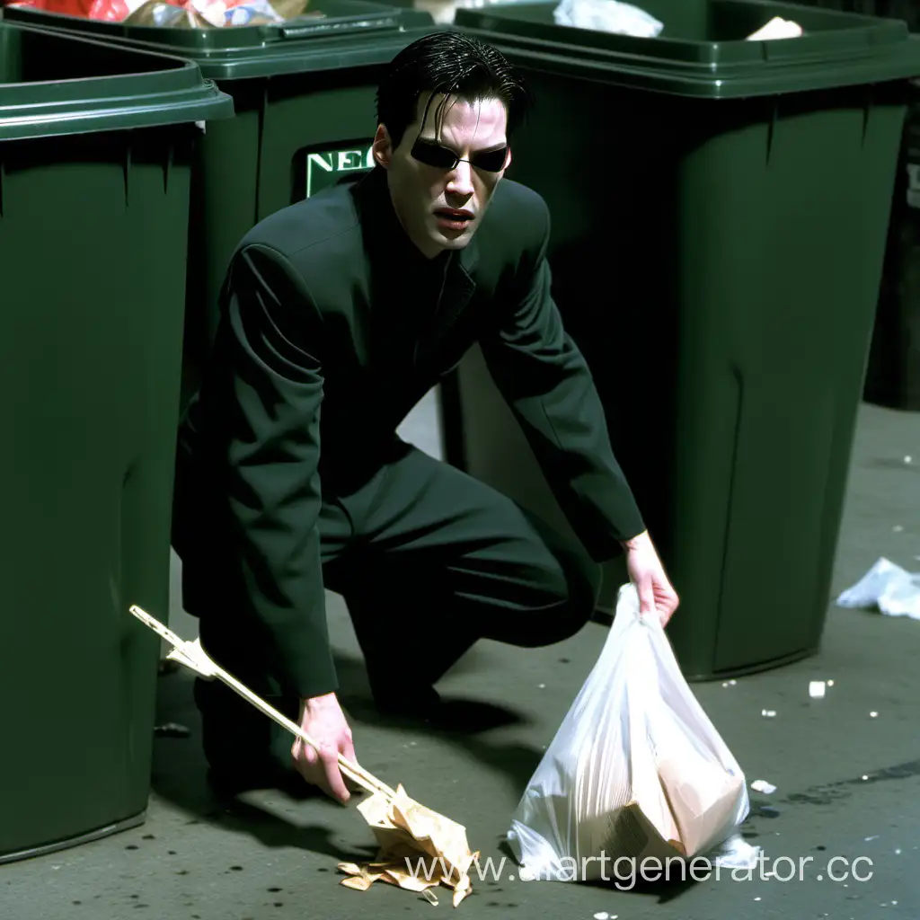 Нео из Матрицы в одних трусах роется в мусорке и ищет еду, очень голодный, плохо одетый