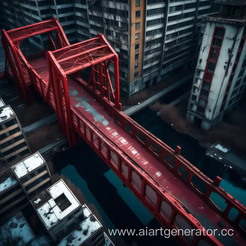 Aerial-View-of-Abandoned-Red-Bridge-in-Cyberpunk-District