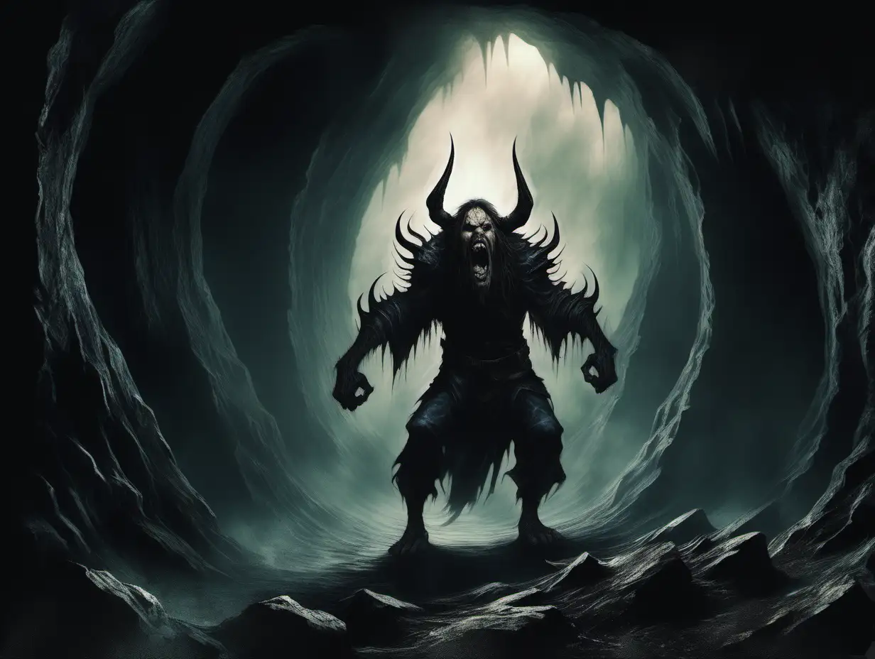 dark cave, Slayer form monster growling, desperate fantasy adventurer holding head with both hands, back to the camera, Medieval fantasy painting